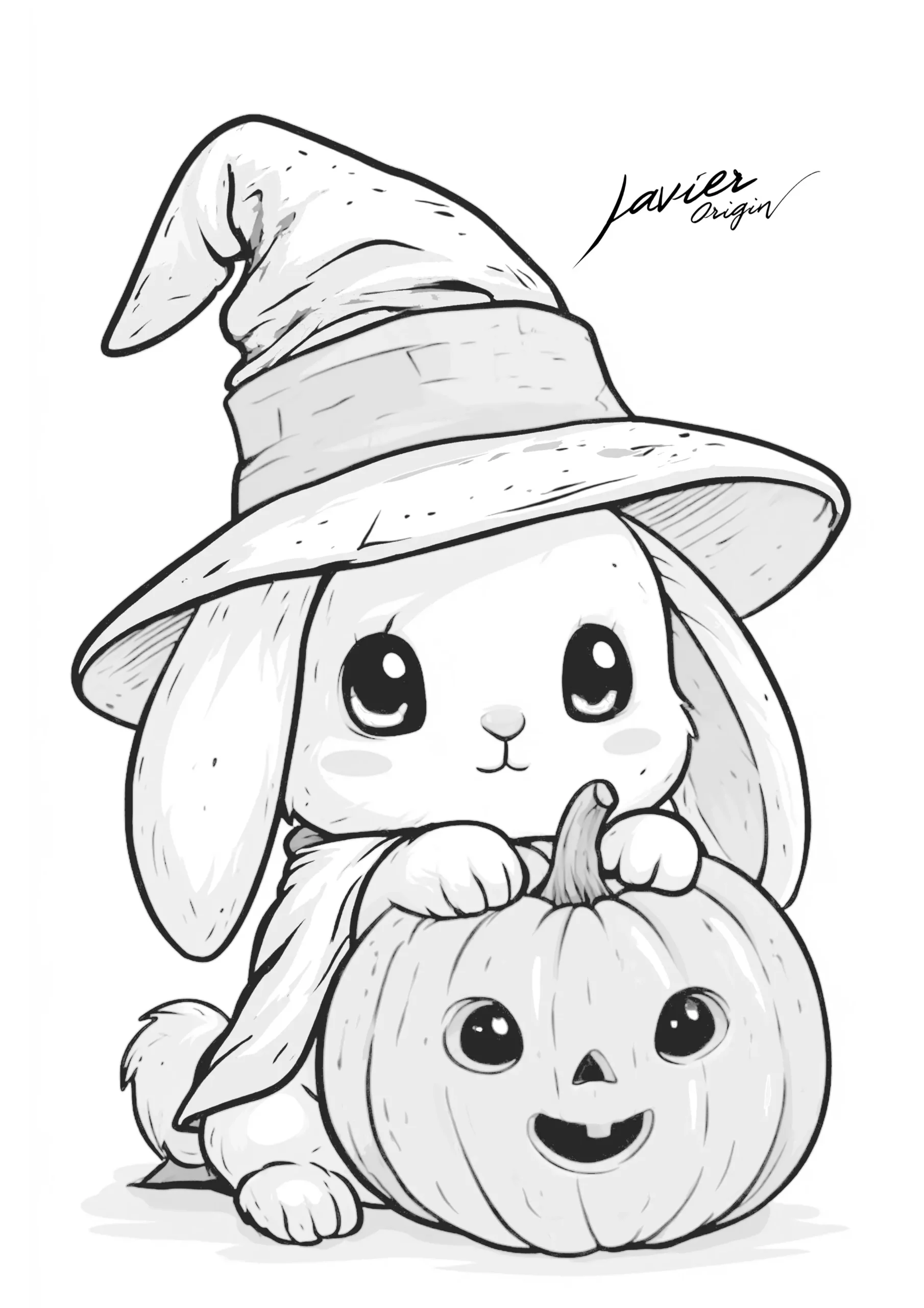 Conejo kawaii con sombrero de bruja y calabaza de Halloween para colorear