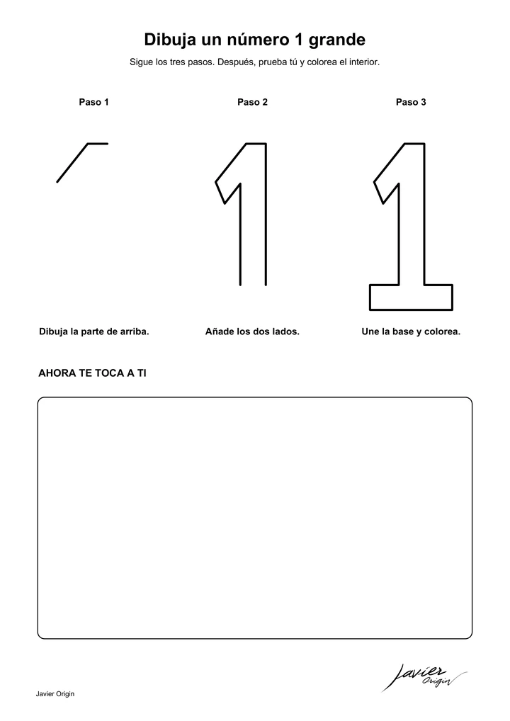Guía visual por pasos para dibujar el contorno del número 1