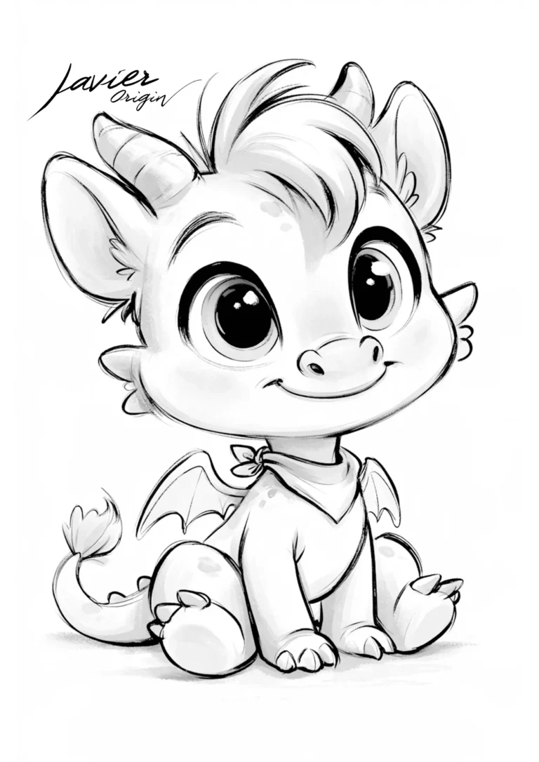Dragón bebé kawaii con pañuelo para colorear