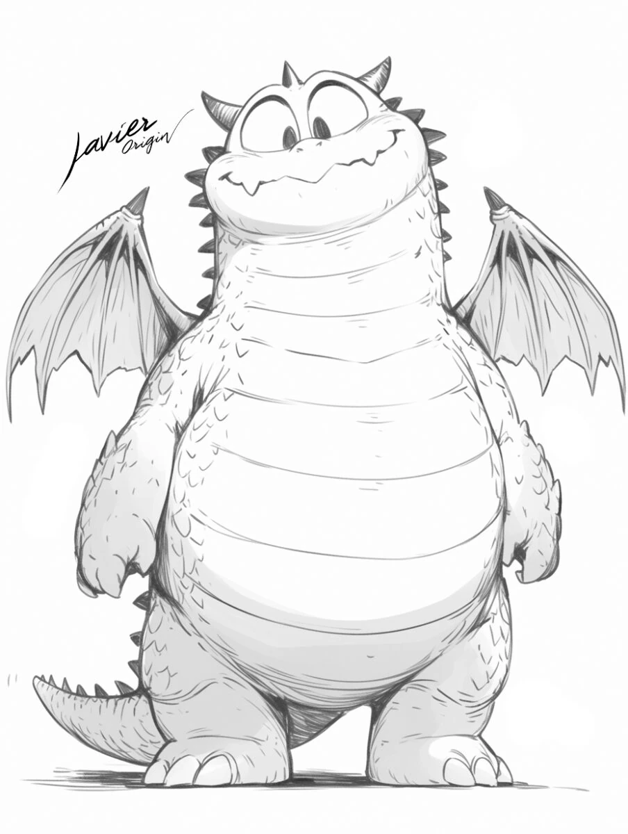Dragón caricaturesco gordito de pie, con barriga redonda, sonrisa y alas abiertas para colorear