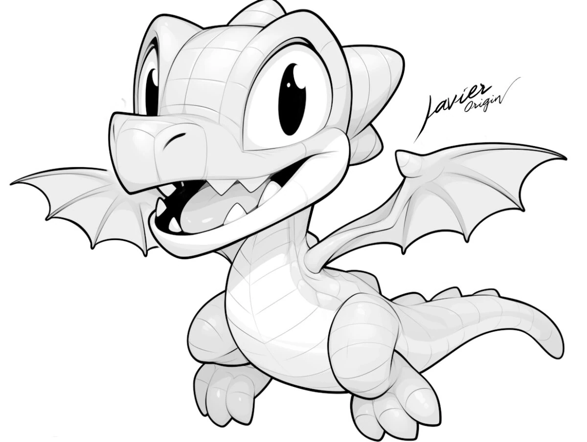 Dragón chibi volador con grandes ojos, alas abiertas, boca sonriente y cola curva para colorear