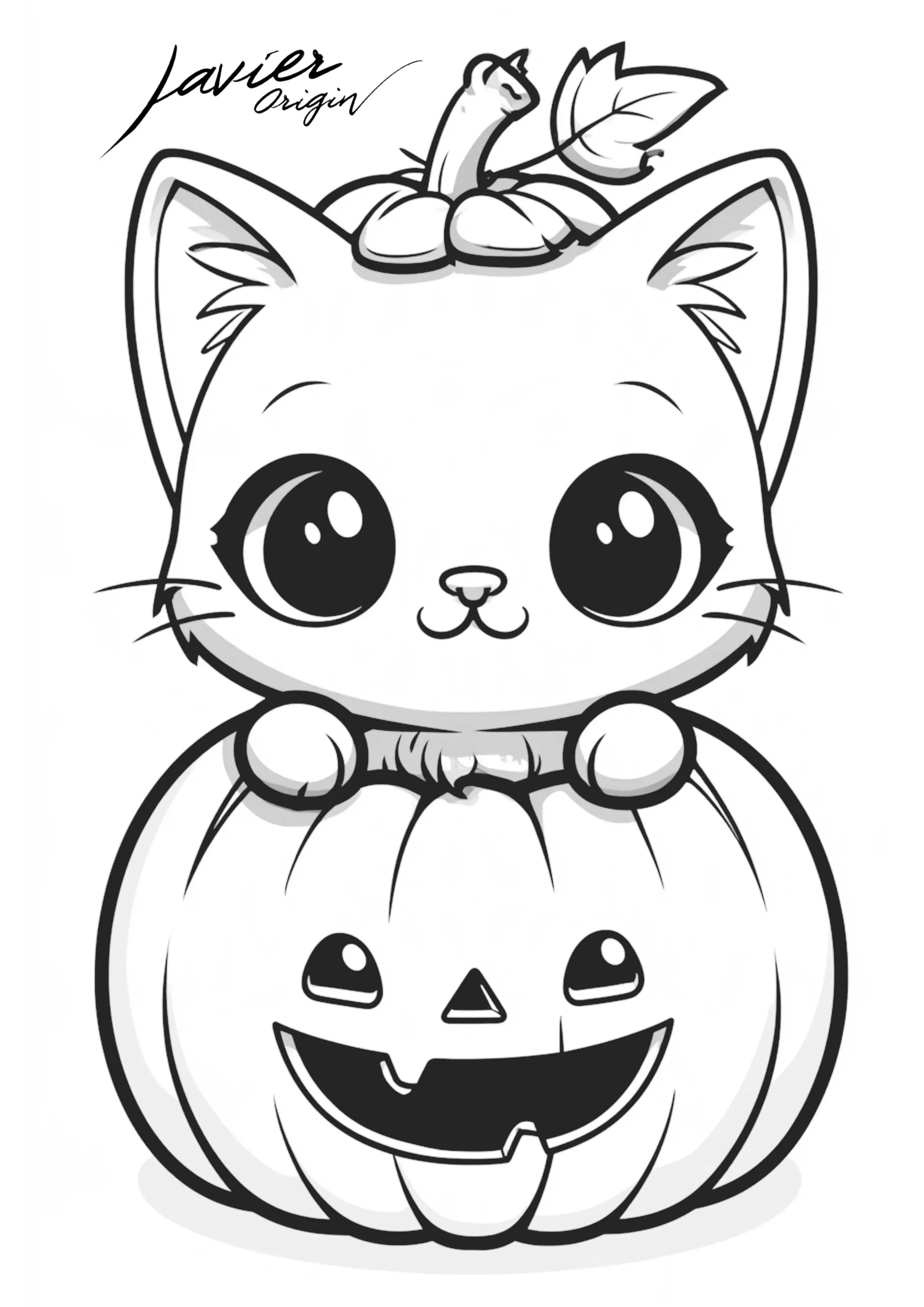 Gato kawaii de ojos grandes con calabaza de Halloween para colorear