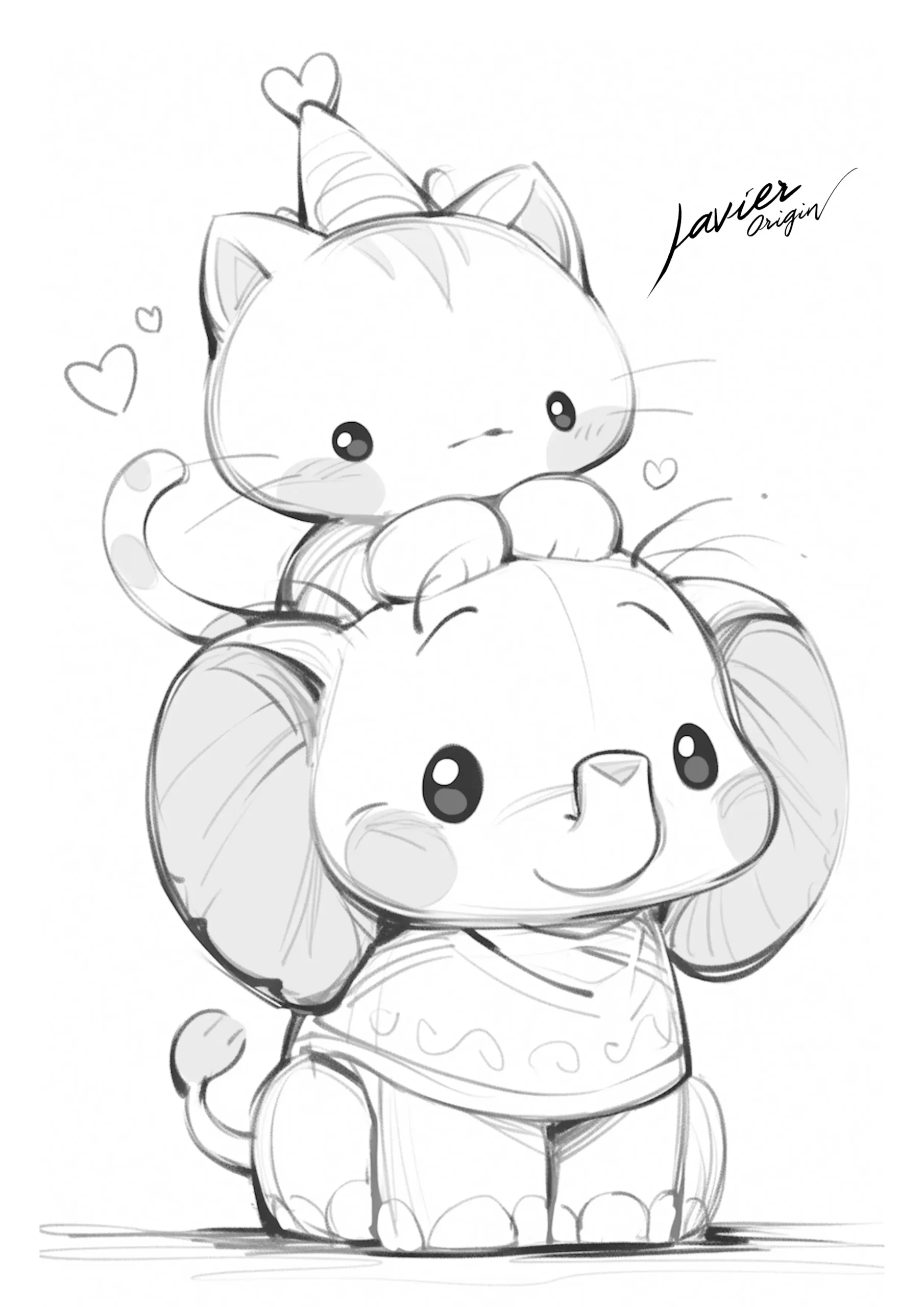 Gatito kawaii con gorro de fiesta sobre un elefante pequeño con pañuelo y corazones para colorear