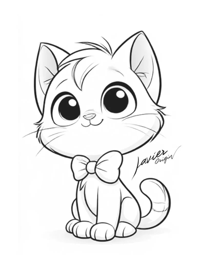 Gato kawaii con pajarita para colorear