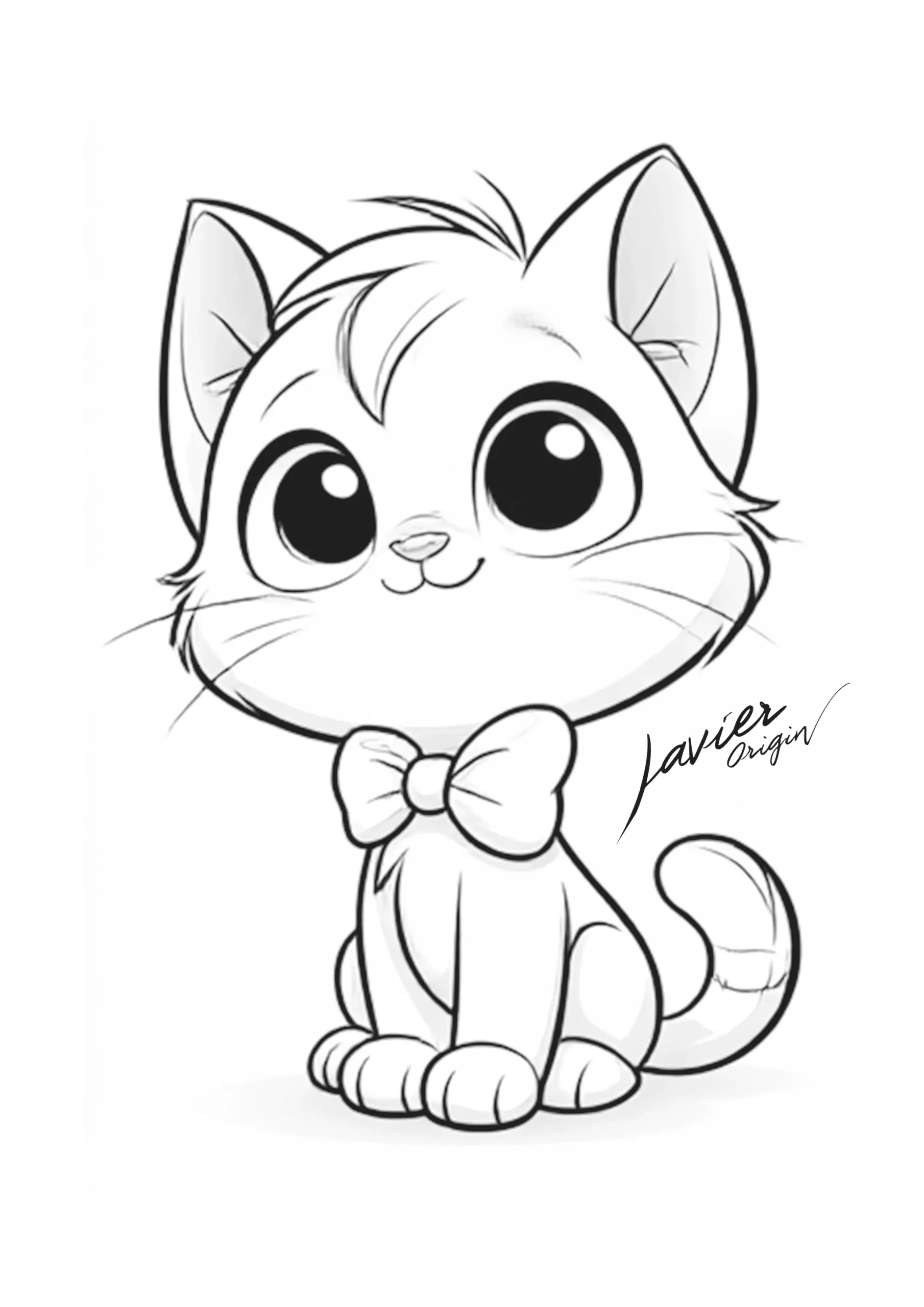 Gato kawaii sentado con pajarita, ojos grandes y cola a rayas para colorear, firmado por Javier Origin.