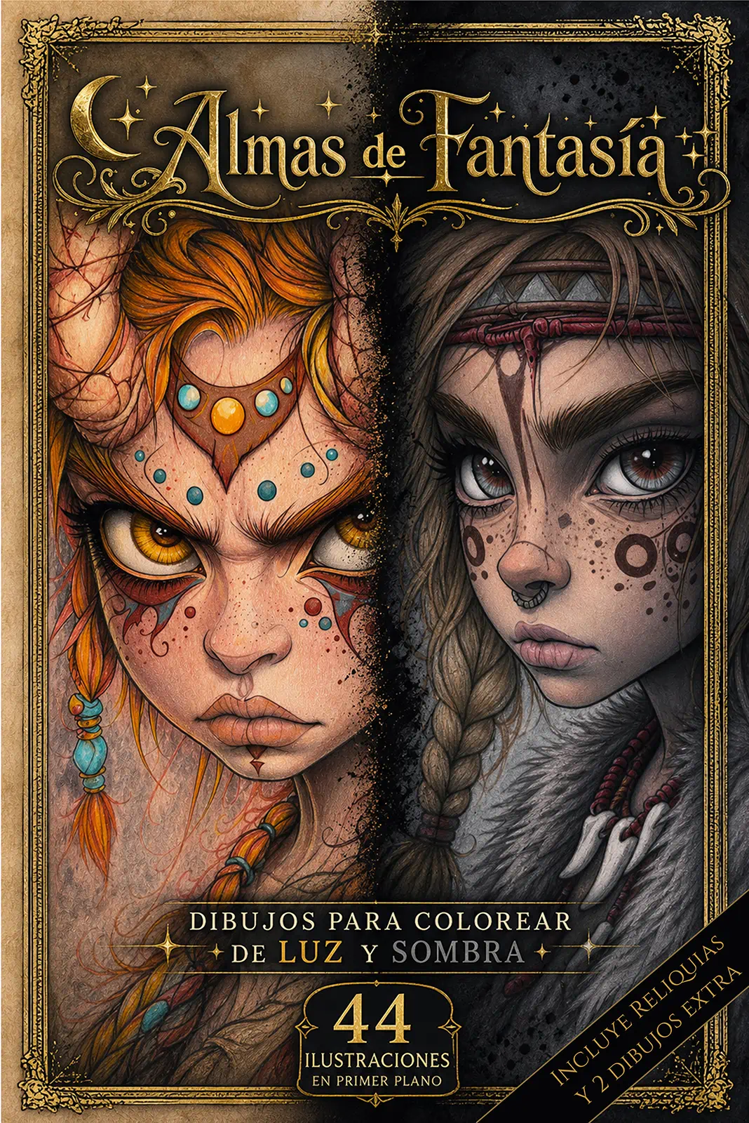 Portada de Almas de Fantasía: Luz y Sombra, libro de retratos de fantasía para colorear