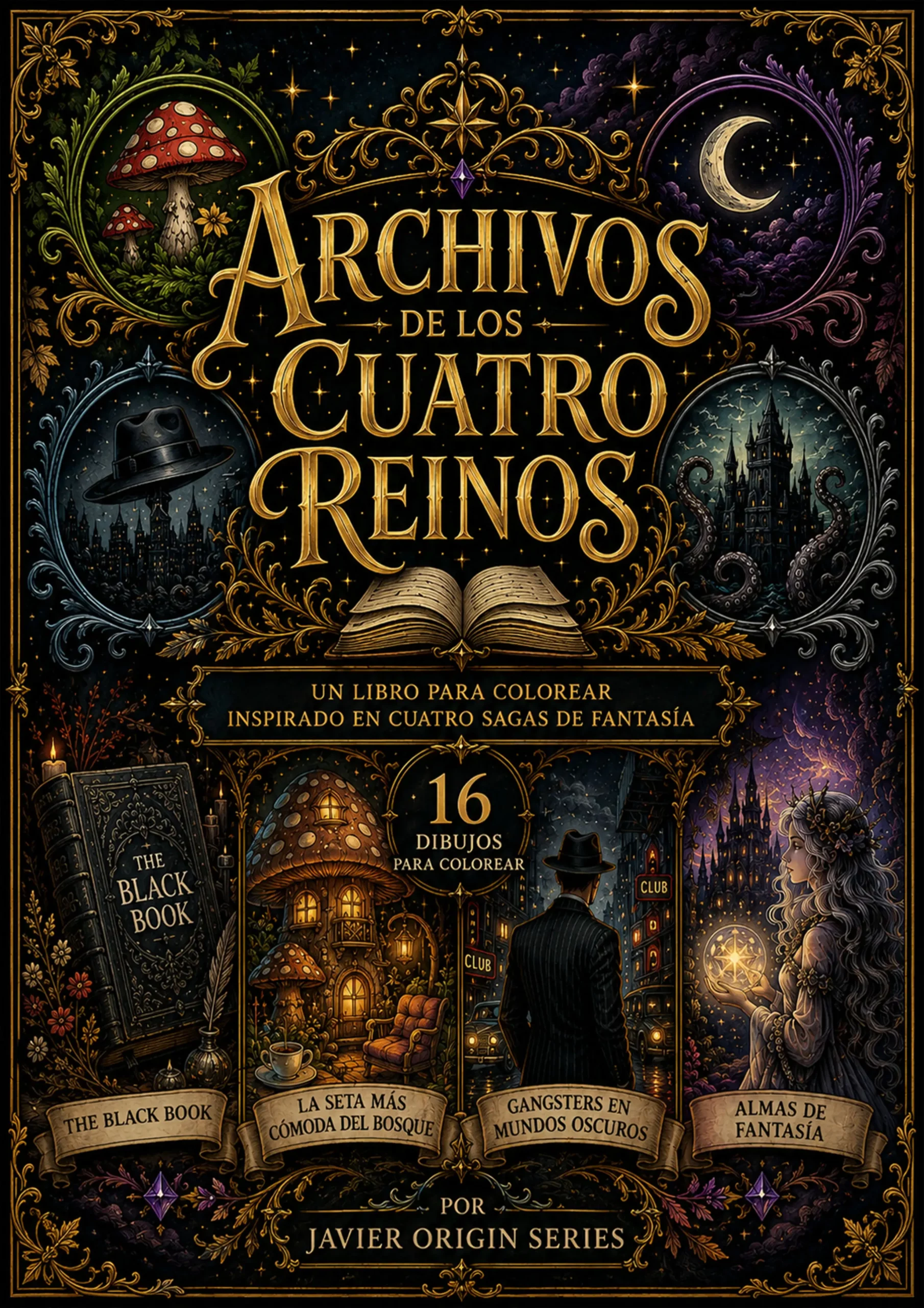 Portada de Archivos de los Cuatro Reinos, libro para colorear cuatro mundos de fantasía