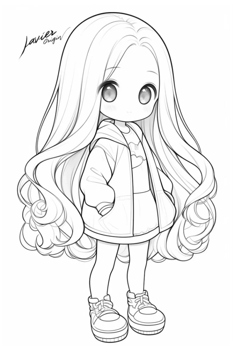 Muñeca Kawaii de Cabello Largo para Colorear