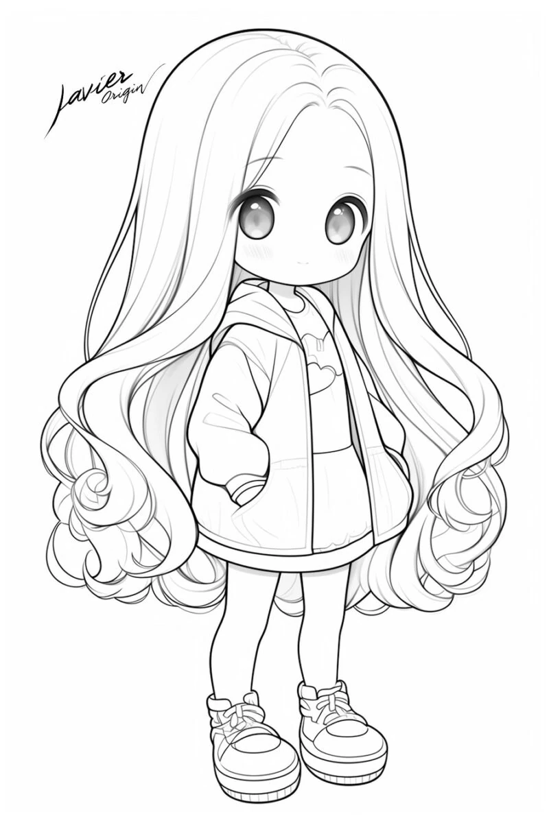 Muñeca kawaii con melena larga ondulada, ojos grandes, sudadera con capucha y zapatillas para colorear