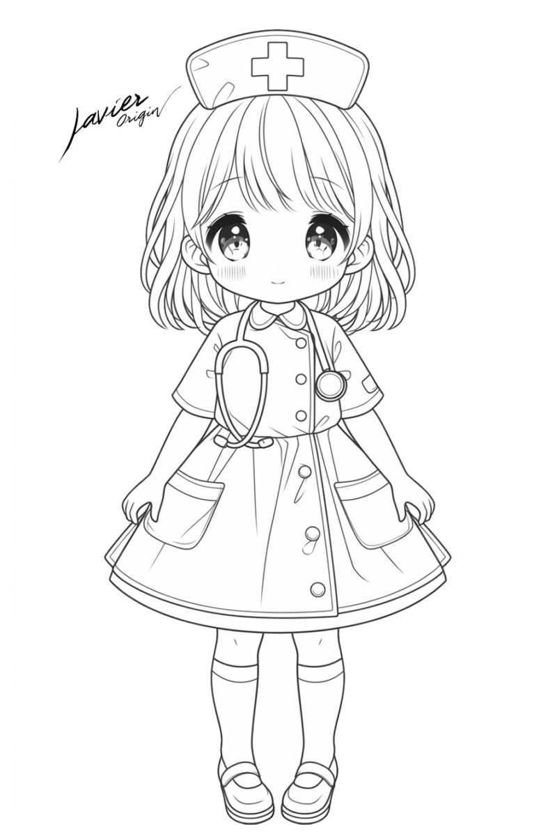 Muñeca kawaii enfermera para colorear, con cofia, estetoscopio y vestido con bolsillos