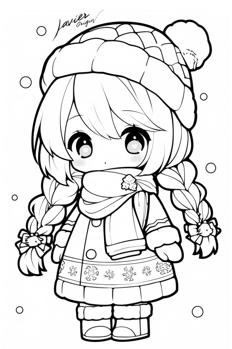 Muñeca kawaii invernal con trenzas, gorro de pompón, bufanda y abrigo con copos para colorear
