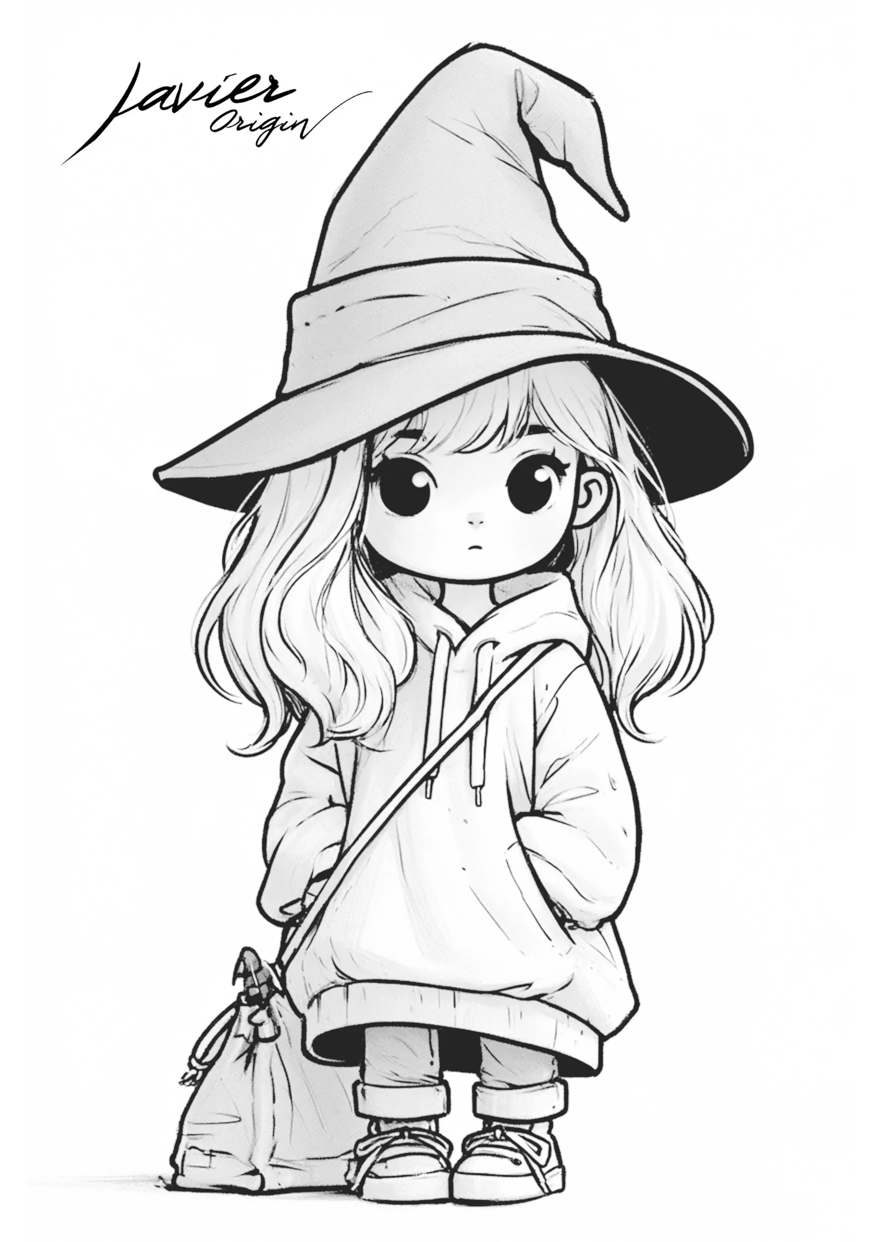 Niña bruja kawaii con sombrero puntiagudo, sudadera y bolso para colorear