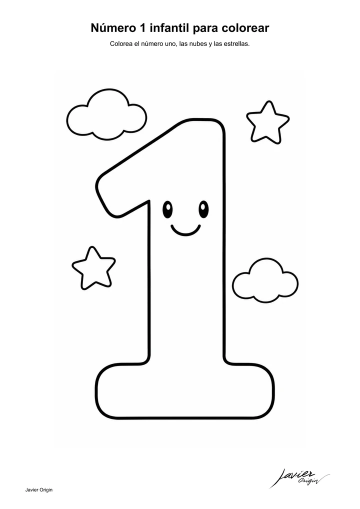 Dibujo infantil en blanco y negro del número 1 para colorear