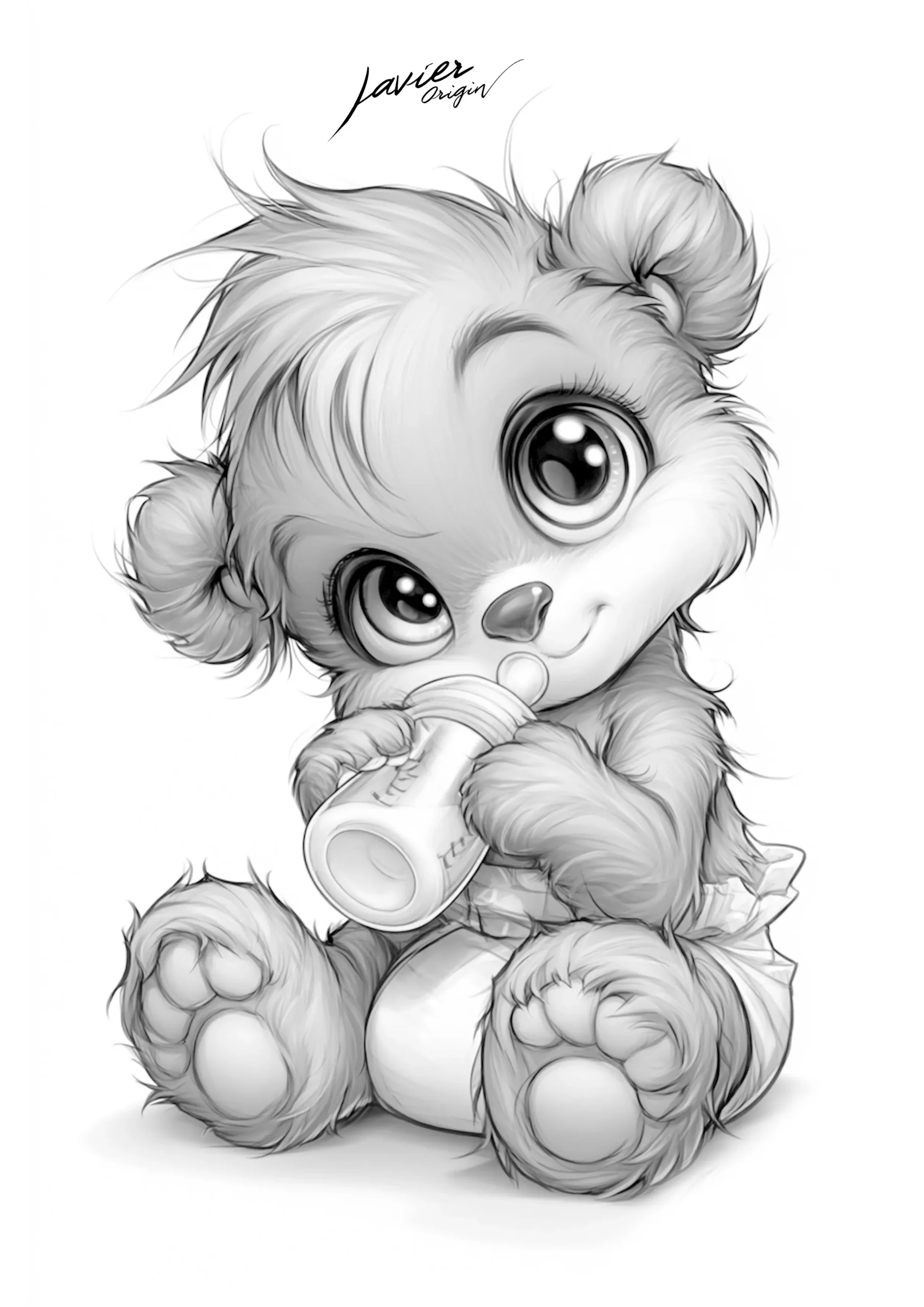 Osito bebé kawaii con biberón para colorear