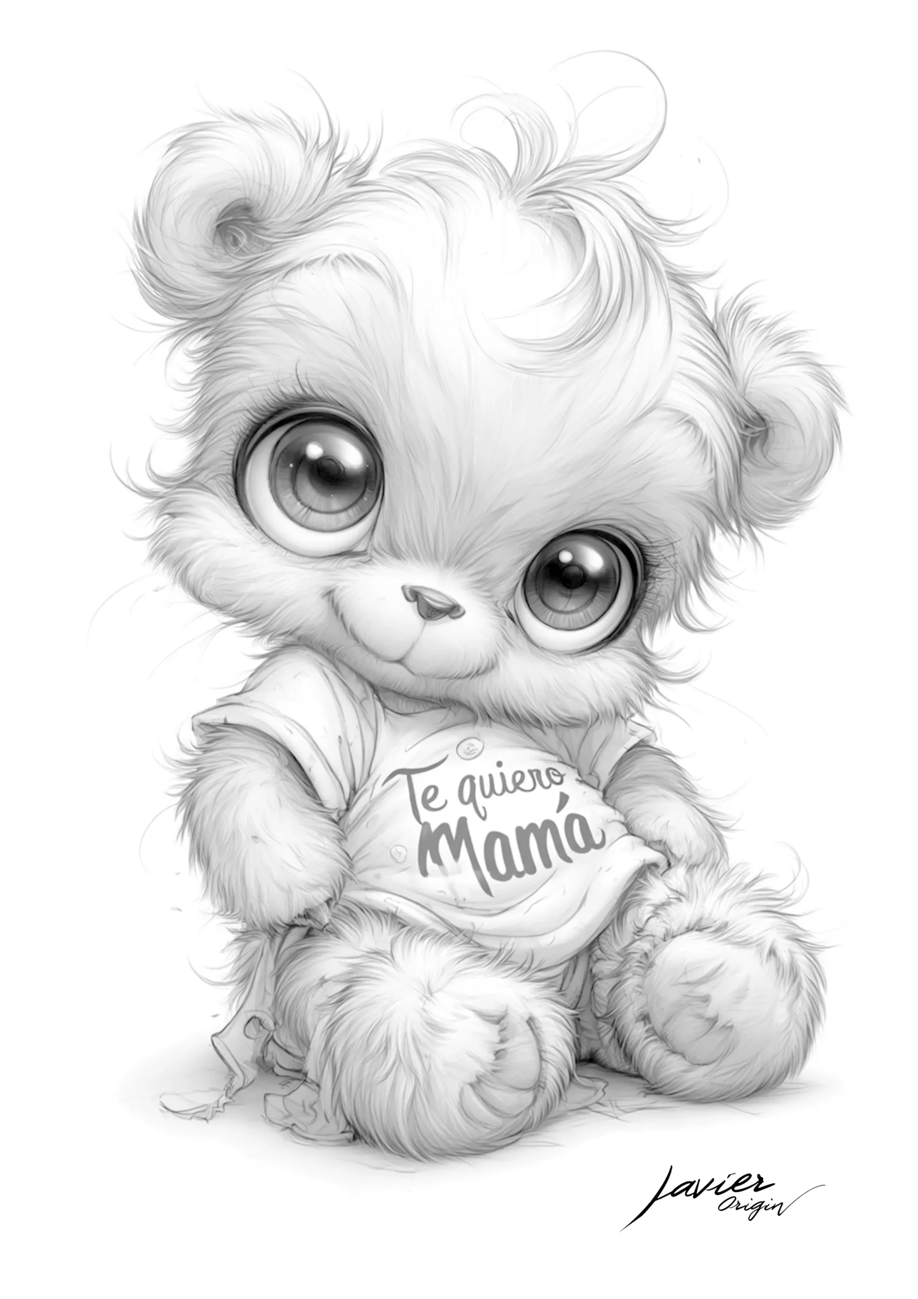 Osito kawaii con mensaje Te quiero mamá para colorear