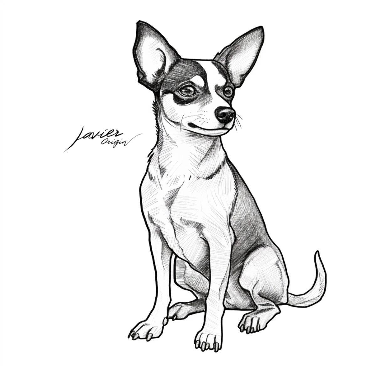Rat Terrier sentado con orejas grandes levantadas, manchas en la cara y pecho claro para colorear
