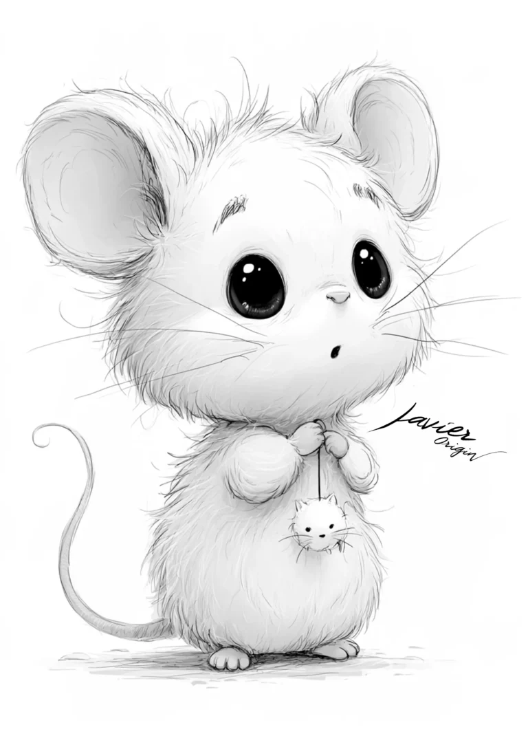 Ratón kawaii para colorear con colgante de gatito