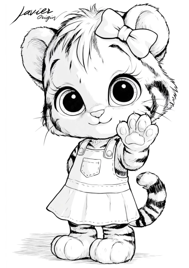 Tigre kawaii con lazo para colorear