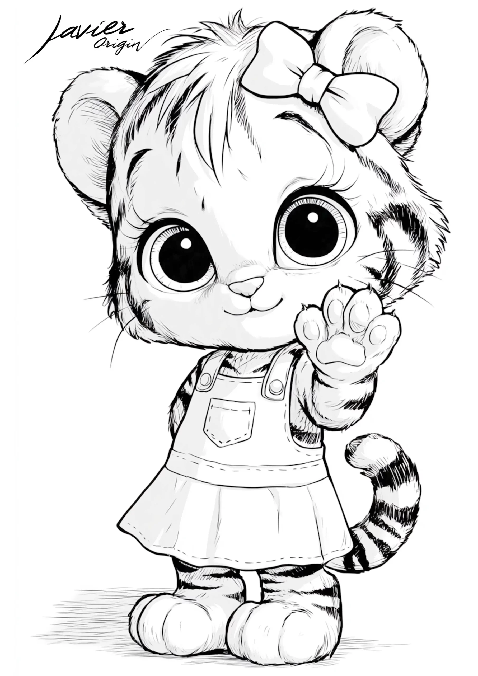 Dibujo de tigre kawaii con lazo y vestido para colorear e imprimir