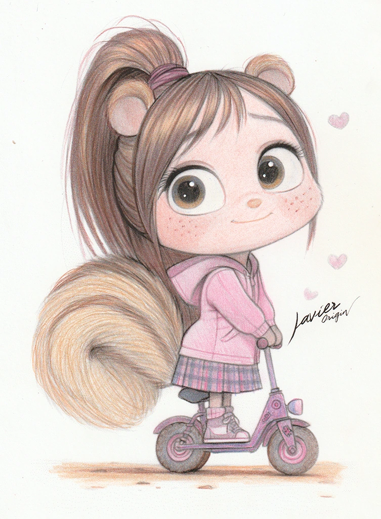 Ardilla kawaii de cola dorada en patinete rosa, coloreada a lápiz por soirolaba_scrap