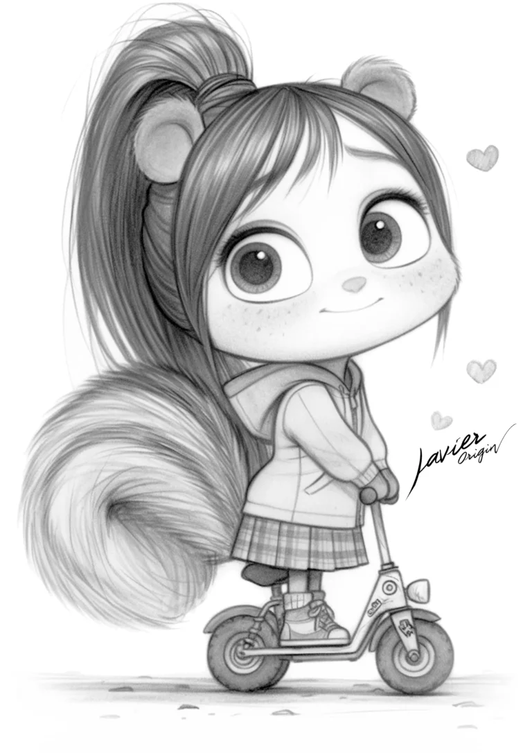 Ardilla kawaii en patinete para colorear