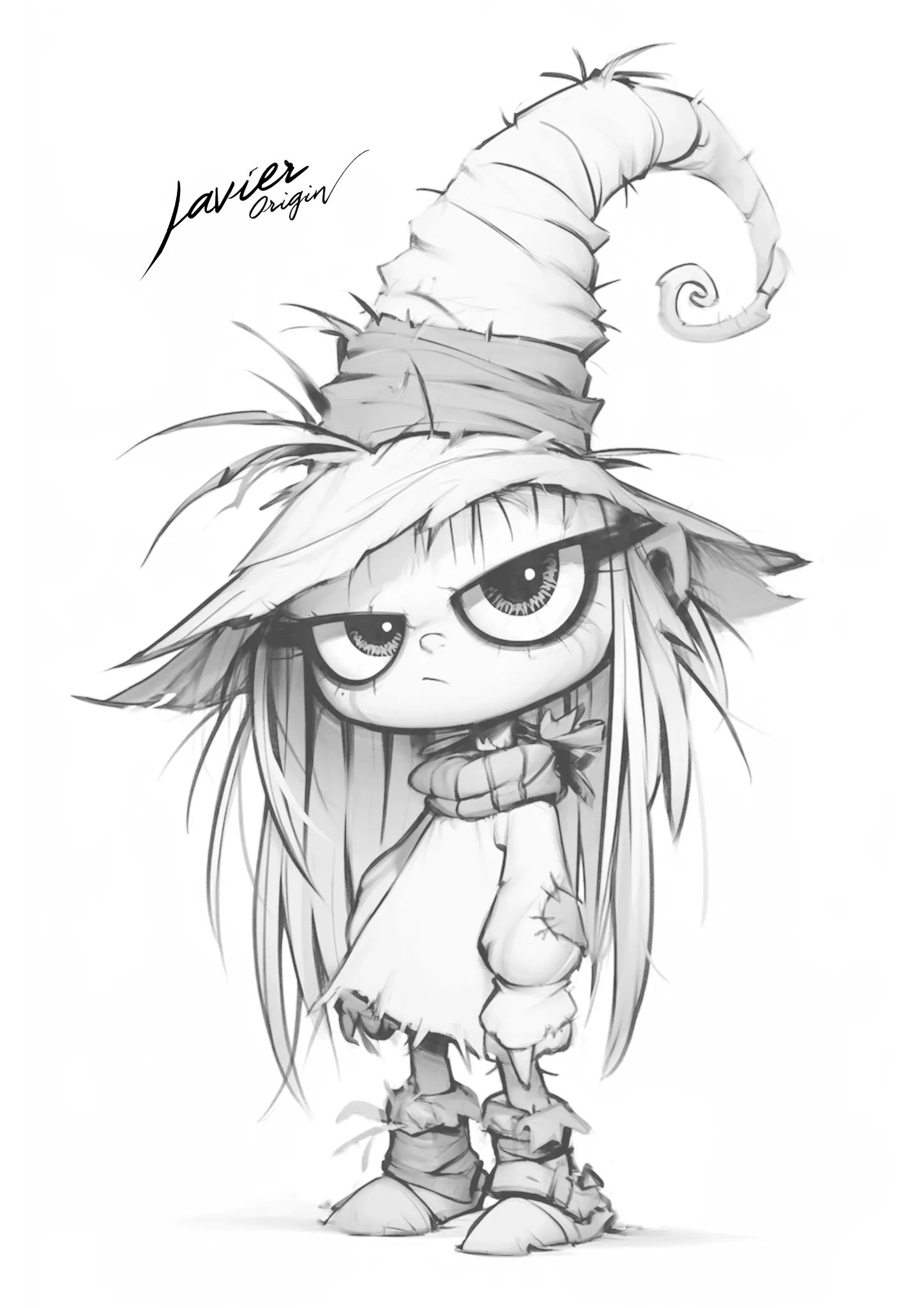 Uncolored drawing of a chibi witch with a curled pointed hat, long hair, a scarf and patched clothing