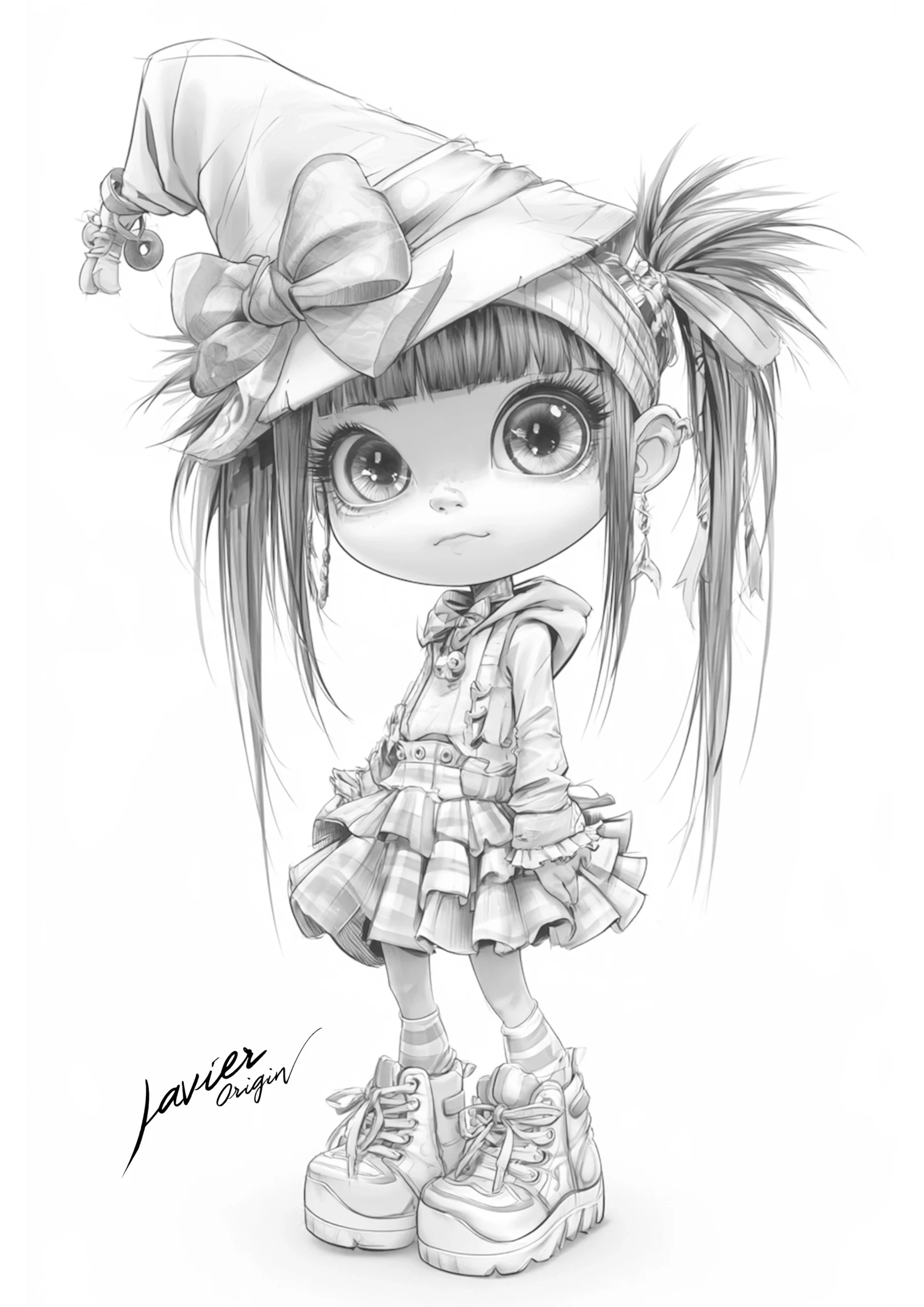 Kawaii witch with a bow on her hat, pigtails and a plaid skirt to color