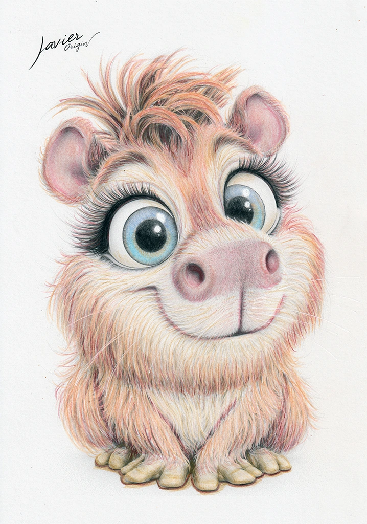 Capibara kawaii de pelaje dorado y rosado, ojos azules y flequillo despeinado, coloreada a lápiz por soirolaba_scrap
