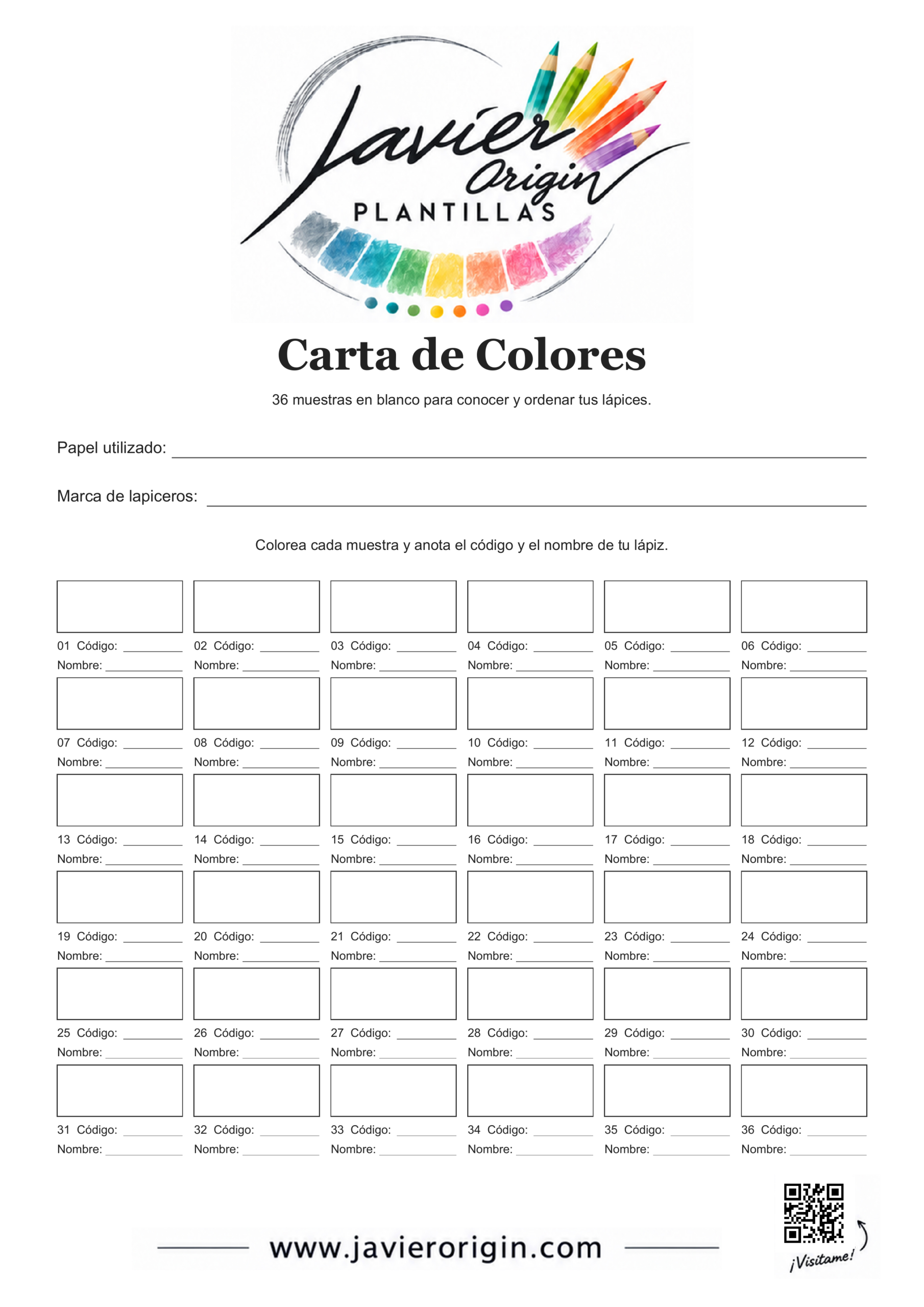 Carta de colores de Javier Origin con 36 muestras en blanco y espacio para código y nombre de cada lápiz