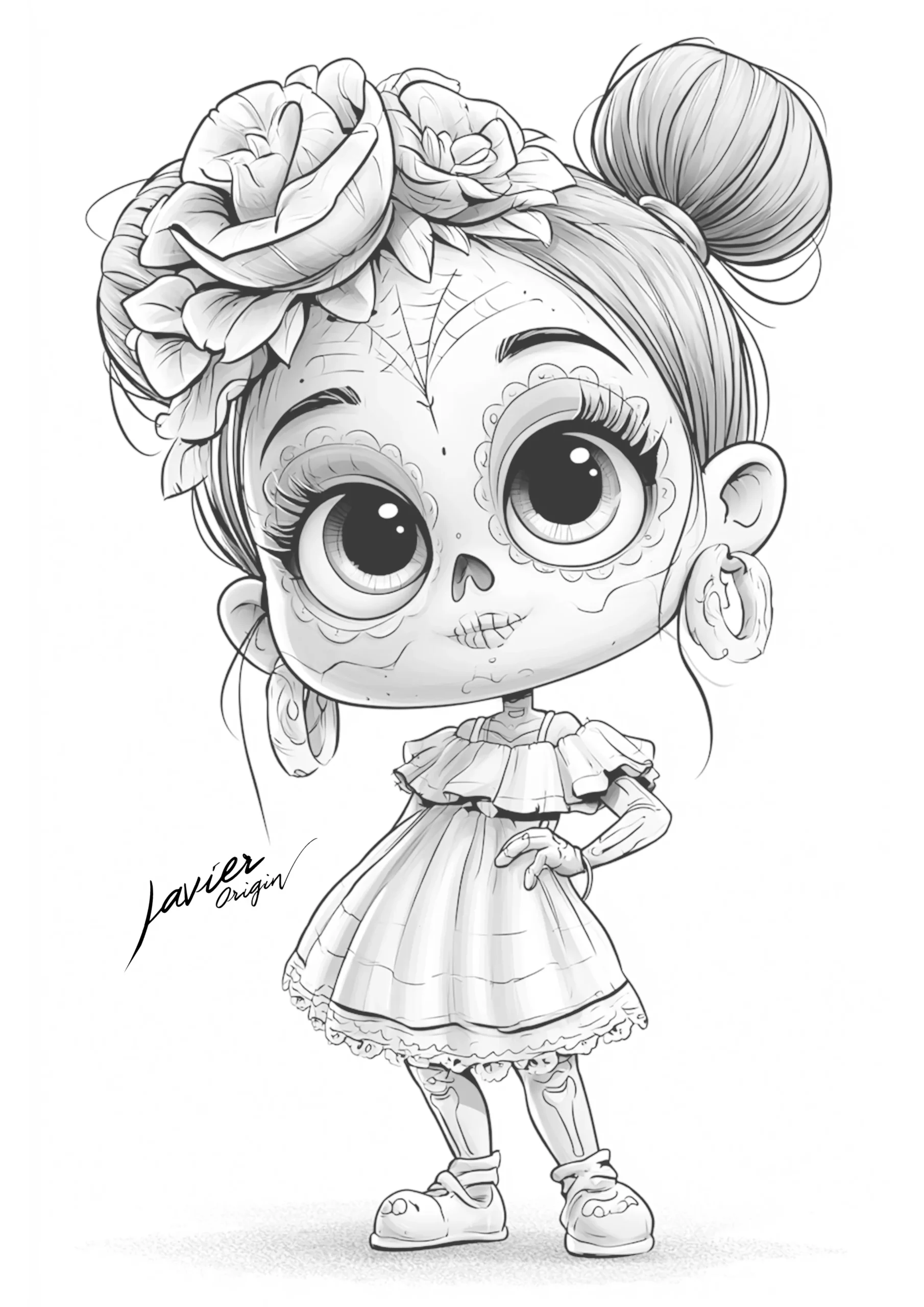 Catrina kawaii con dos moños, flores grandes, maquillaje de calavera y vestido de volantes, en blanco y negro para colorear