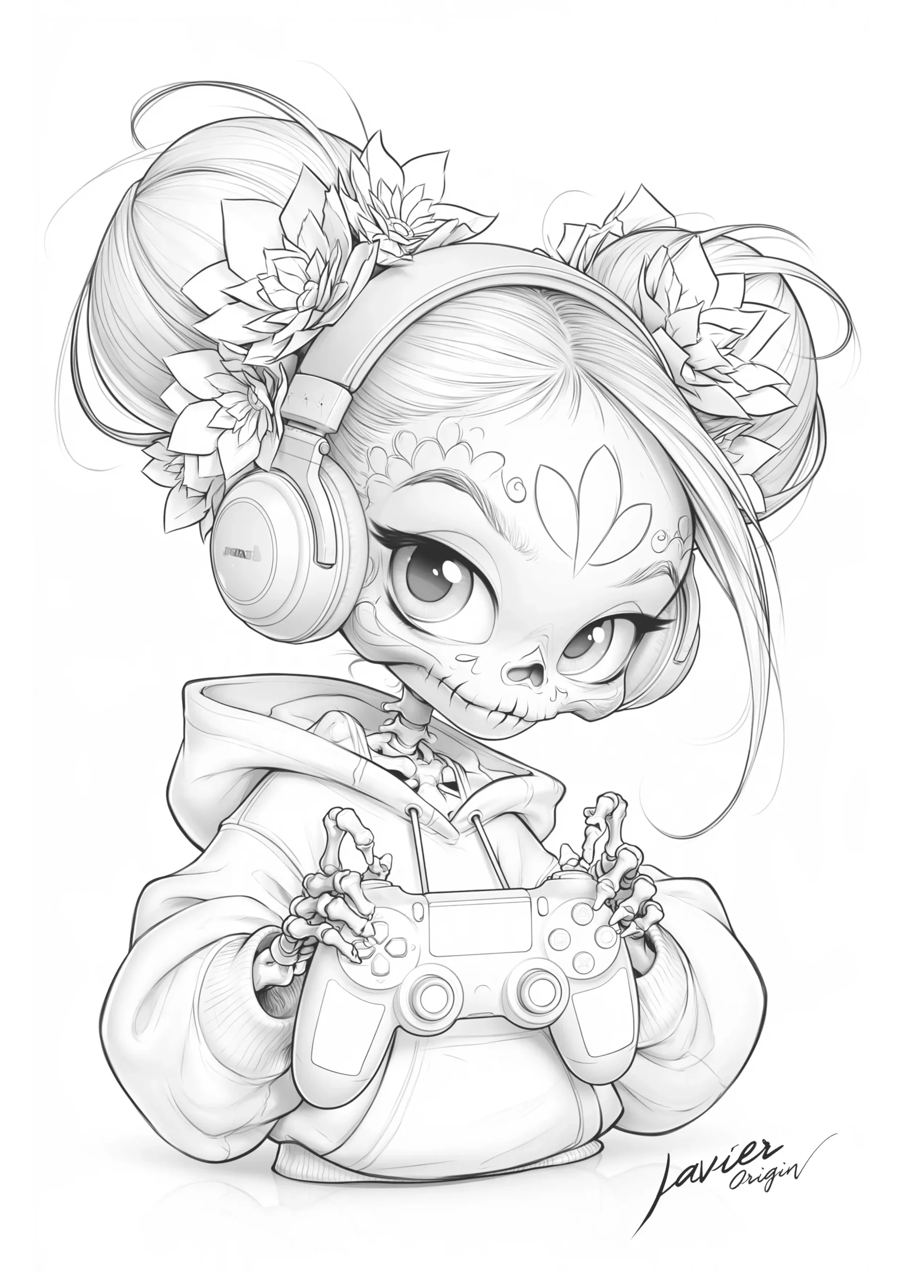 Catrina gamer con auriculares, flores y un mando, en una lámina para colorear