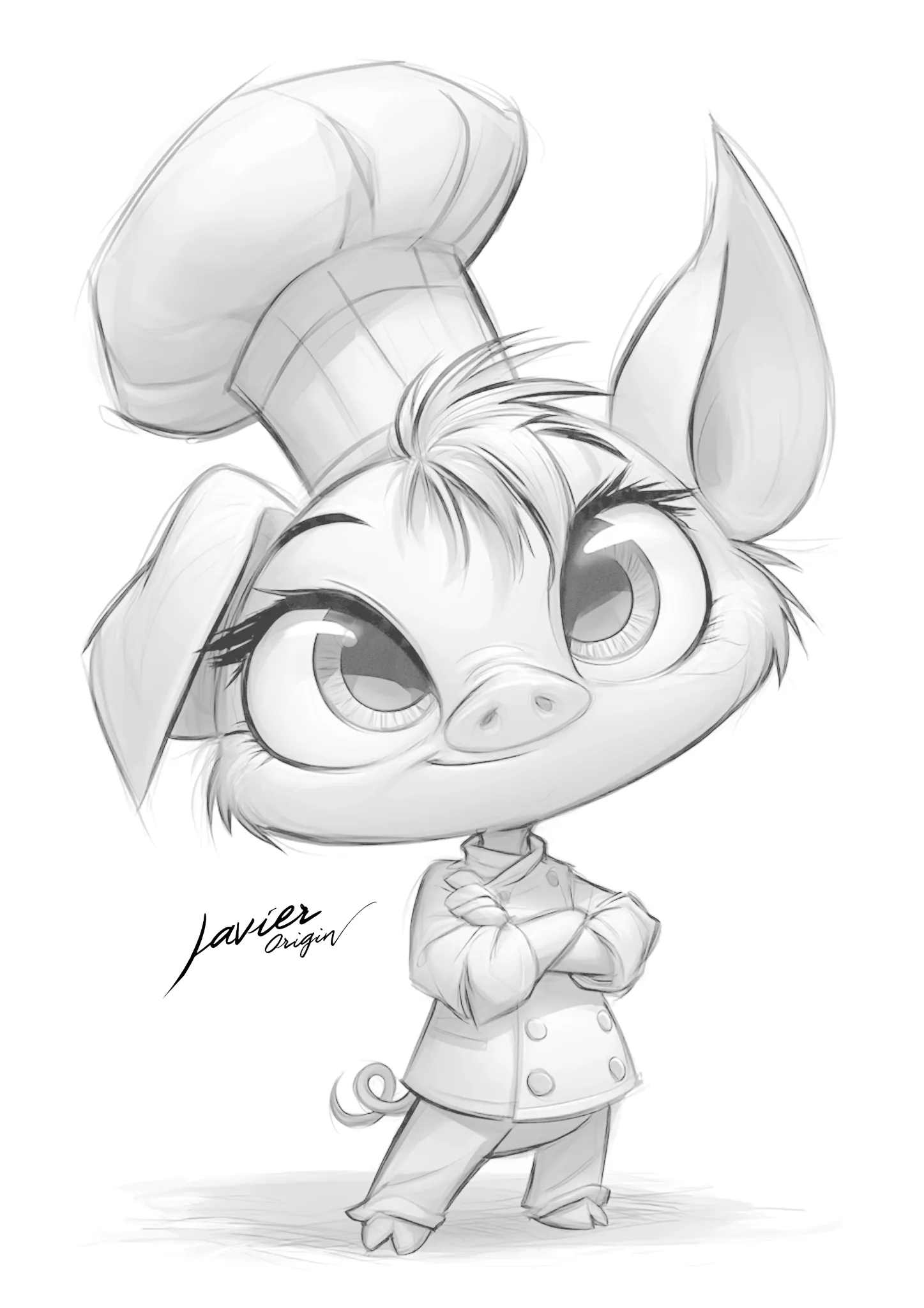 Uncolored drawing of a piglet chef with a tall hat, large eyes, a chef jacket and folded arms