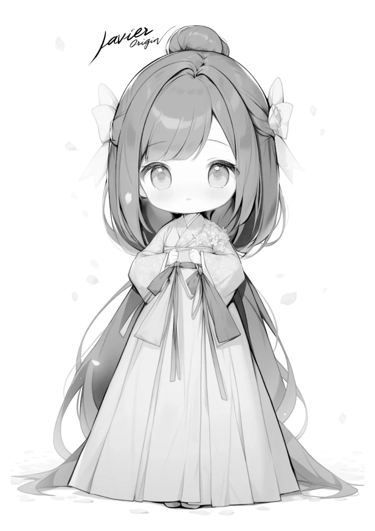 Chica chibi con kimono y lazos para colorear