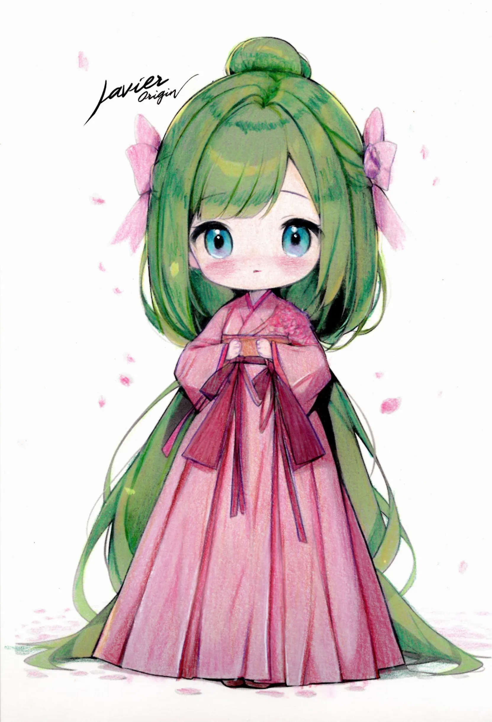 Ejemplo de la chica chibi con kimono rosa, pelo verde y lazos, coloreado a mano por Javier Origin.