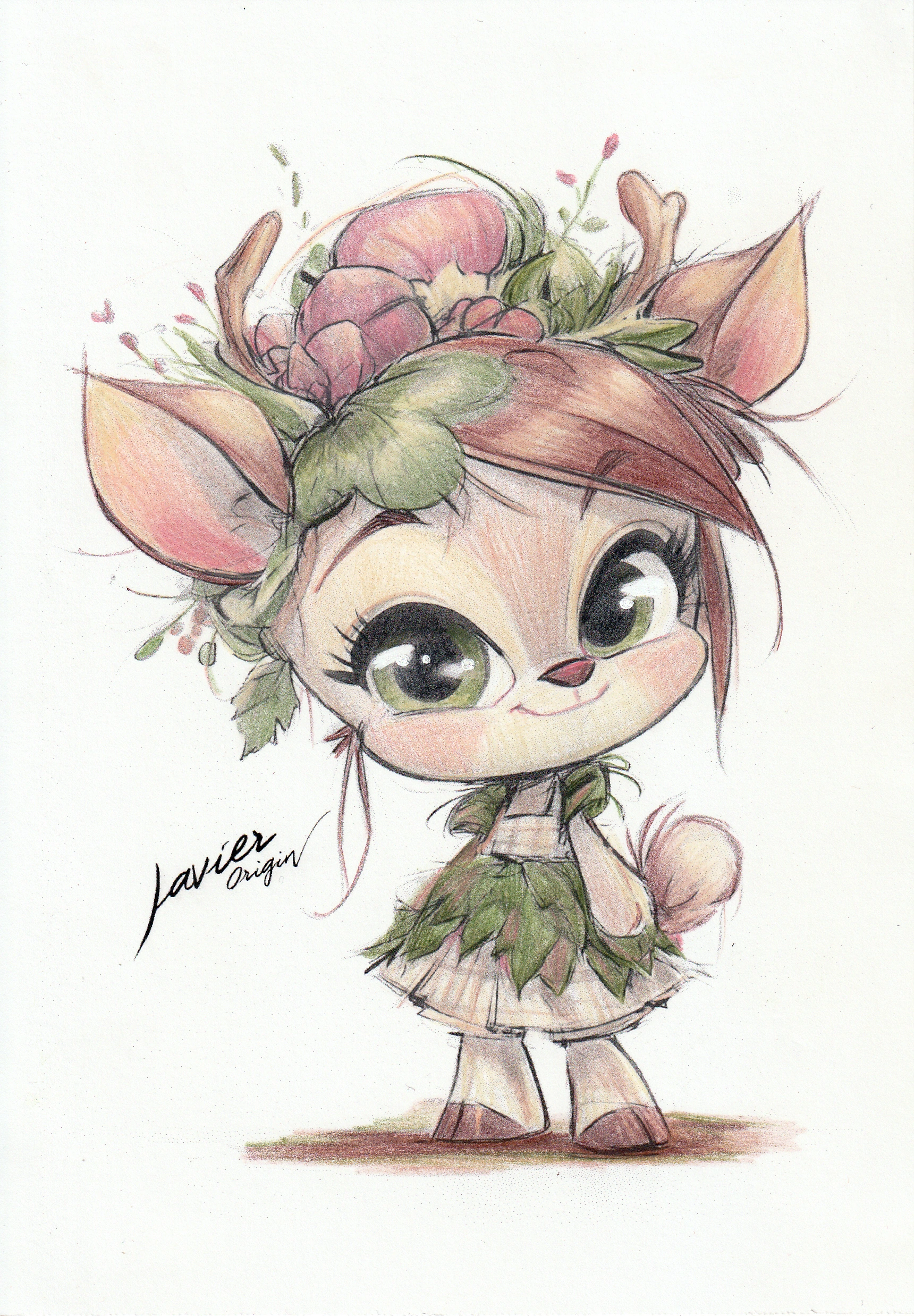 Deer girl with a cream face, brown hair and olive eyes, green leaves and pink flowers, colored in pencil by soirolaba_scrap