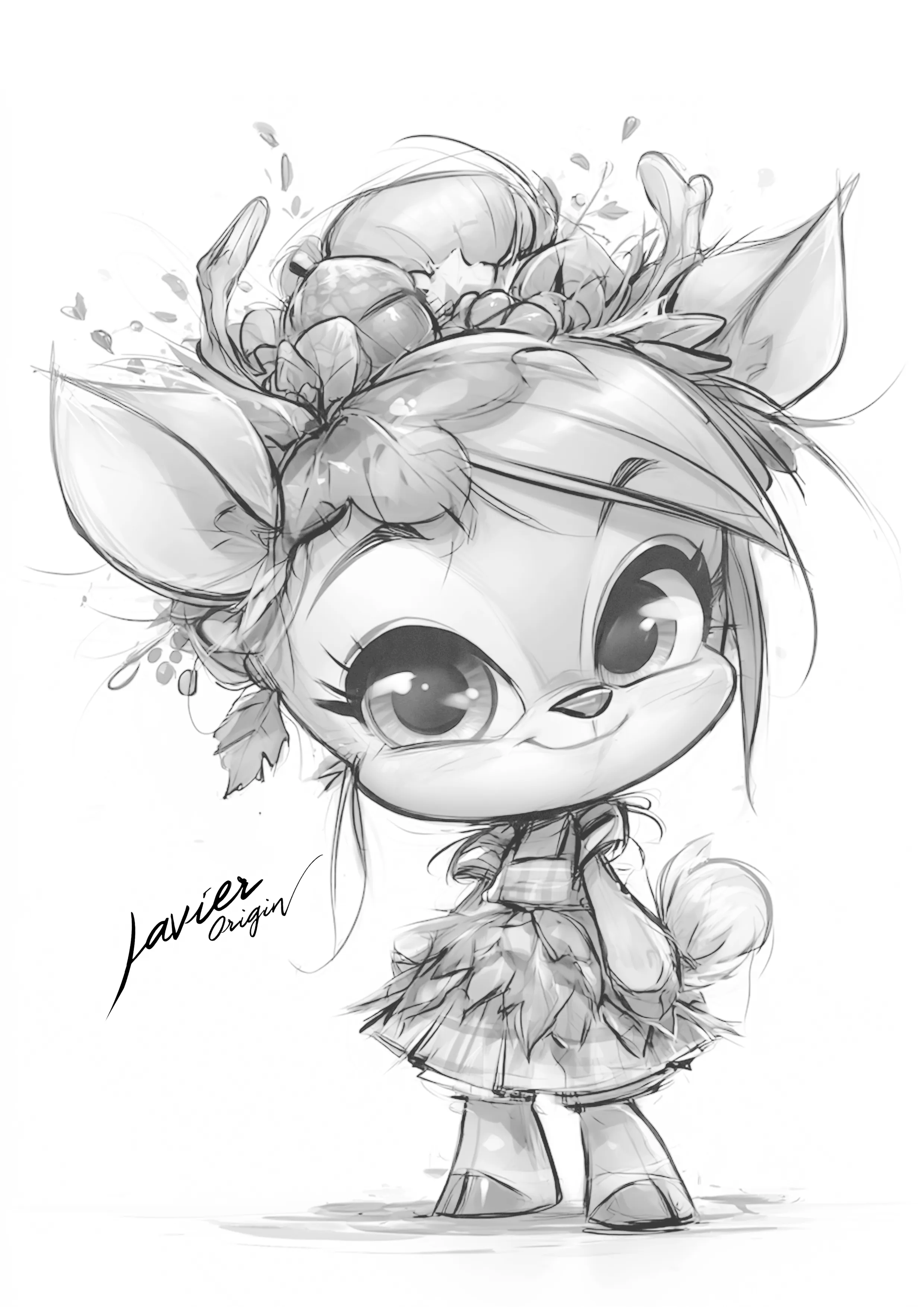 Ciervita kawaii con corona de hojas, vestido de cuadros y botas, en un dibujo para colorear
