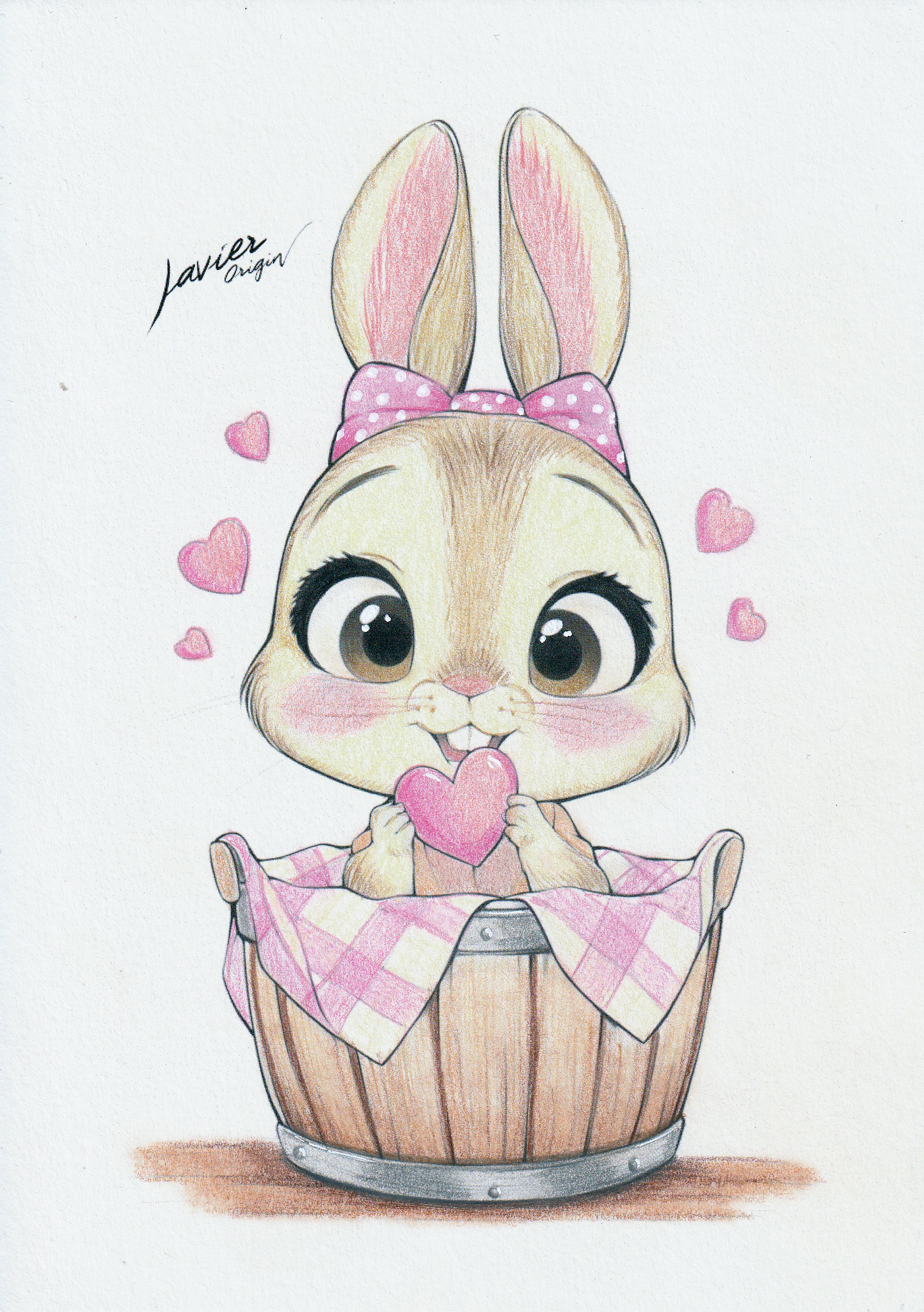 Cream-furred bunny with a pink bow and heart in a brown basket, colored in pencil by soirolaba_scrap