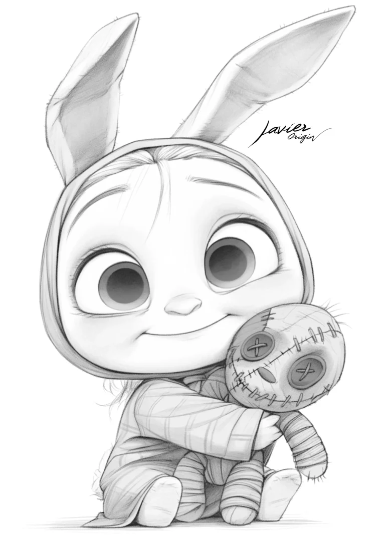 Conejito momia con muñeco de tela para colorear