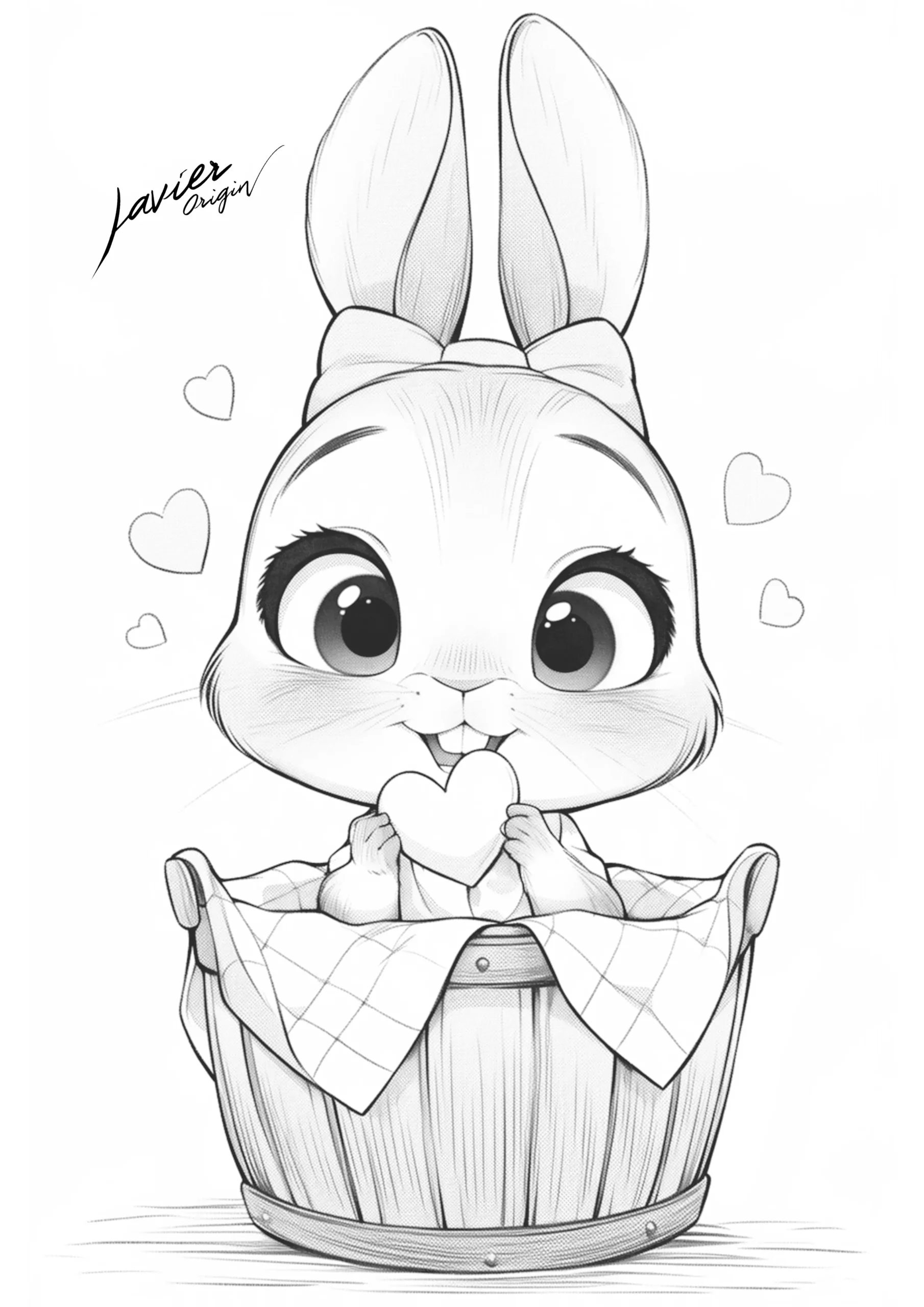 Conejo kawaii con lazo sentado en una cesta, sosteniendo un corazón y rodeado de corazones pequeños