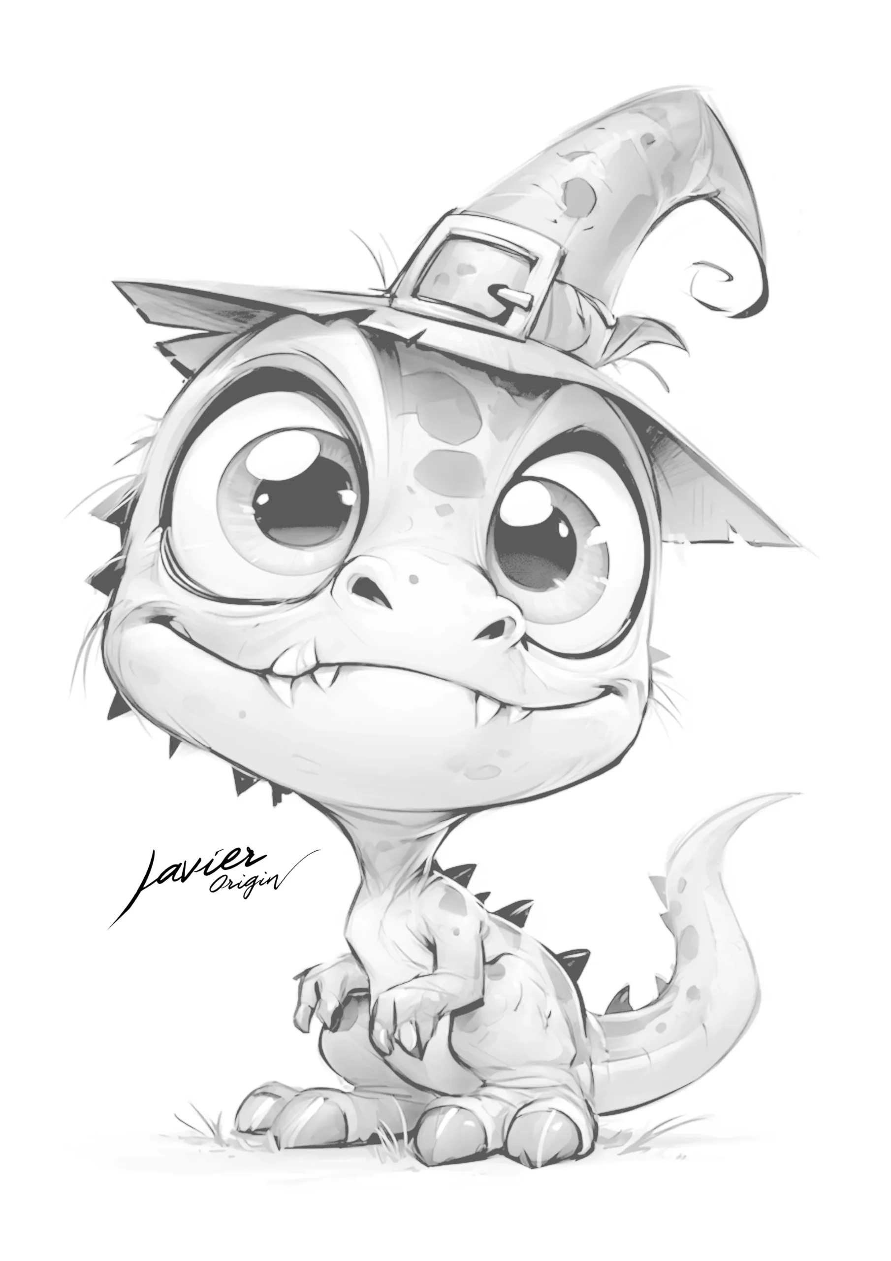 Dinosaurio de Halloween con sombrero de bruja para colorear