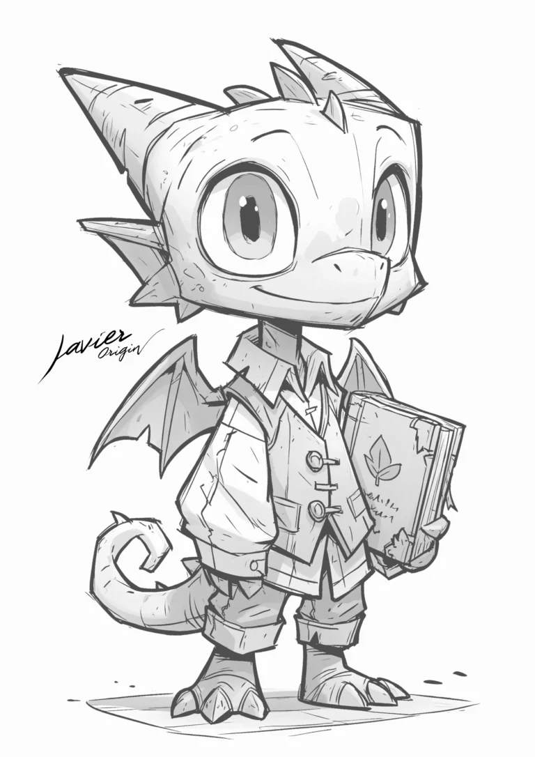 Dragón kawaii con libro para colorear