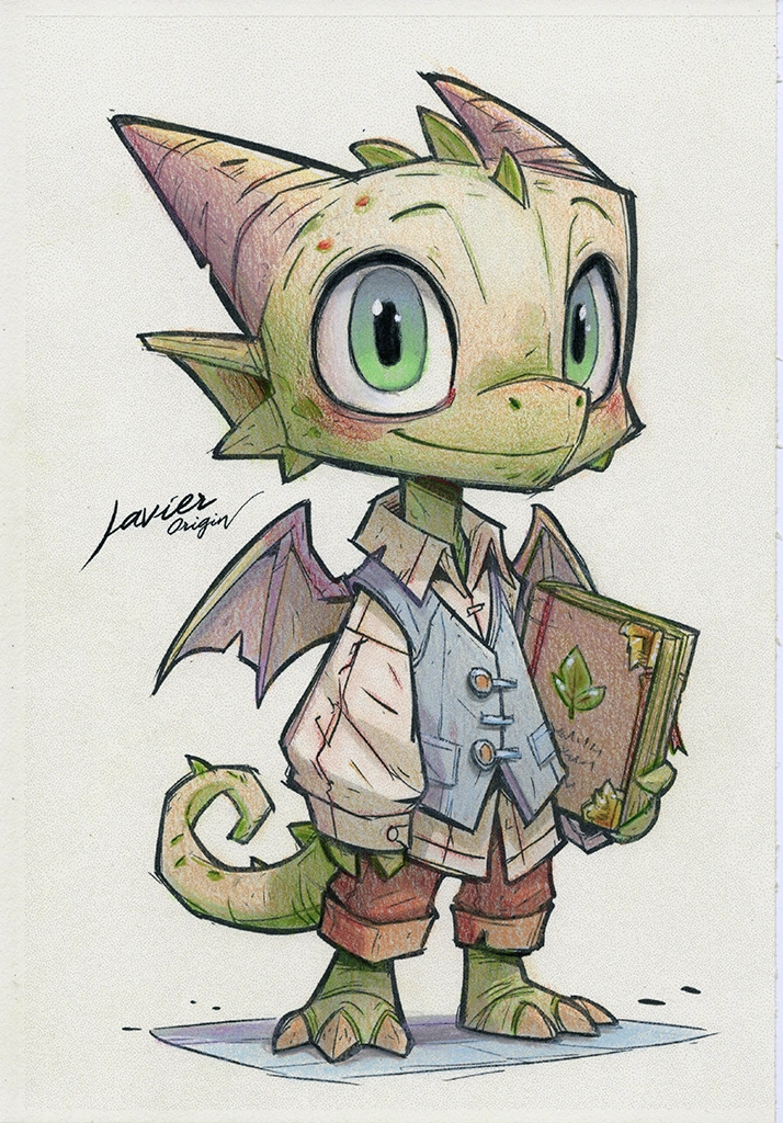 Dragón de ojos verdes y alas malvas, con chaleco azul grisáceo y un libro marrón, coloreado a mano por Javier Origin
