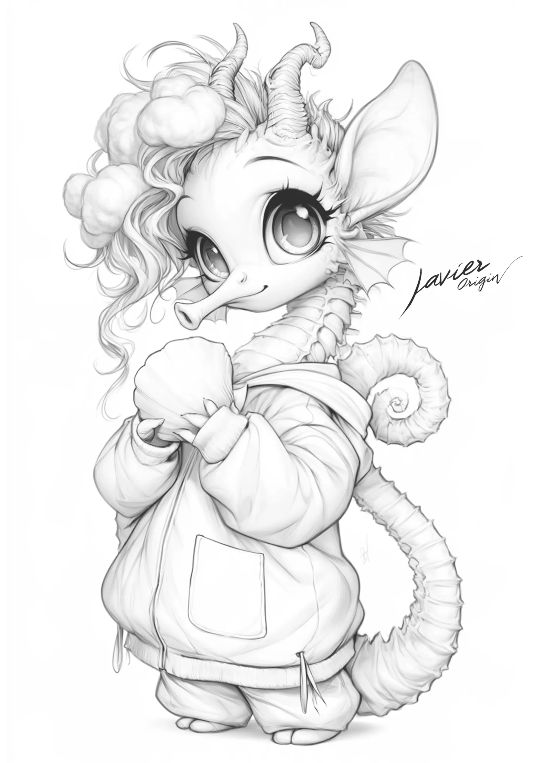 Dragón marino kawaii con cola en espiral y una concha para colorear