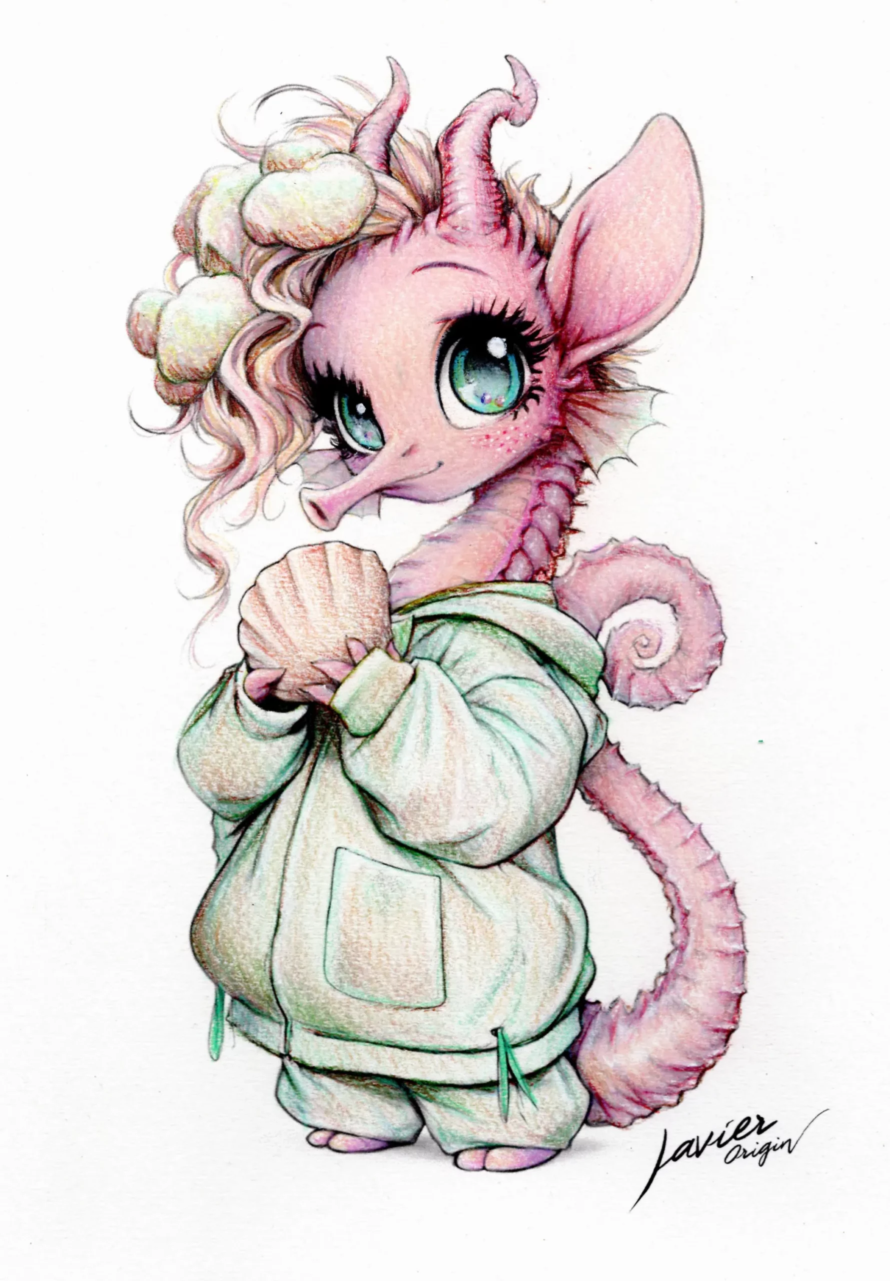 Dragón marino rosa con concha y ropa verde menta, coloreado a mano por Javier Origin con lápices Faber-Castell Polychromos