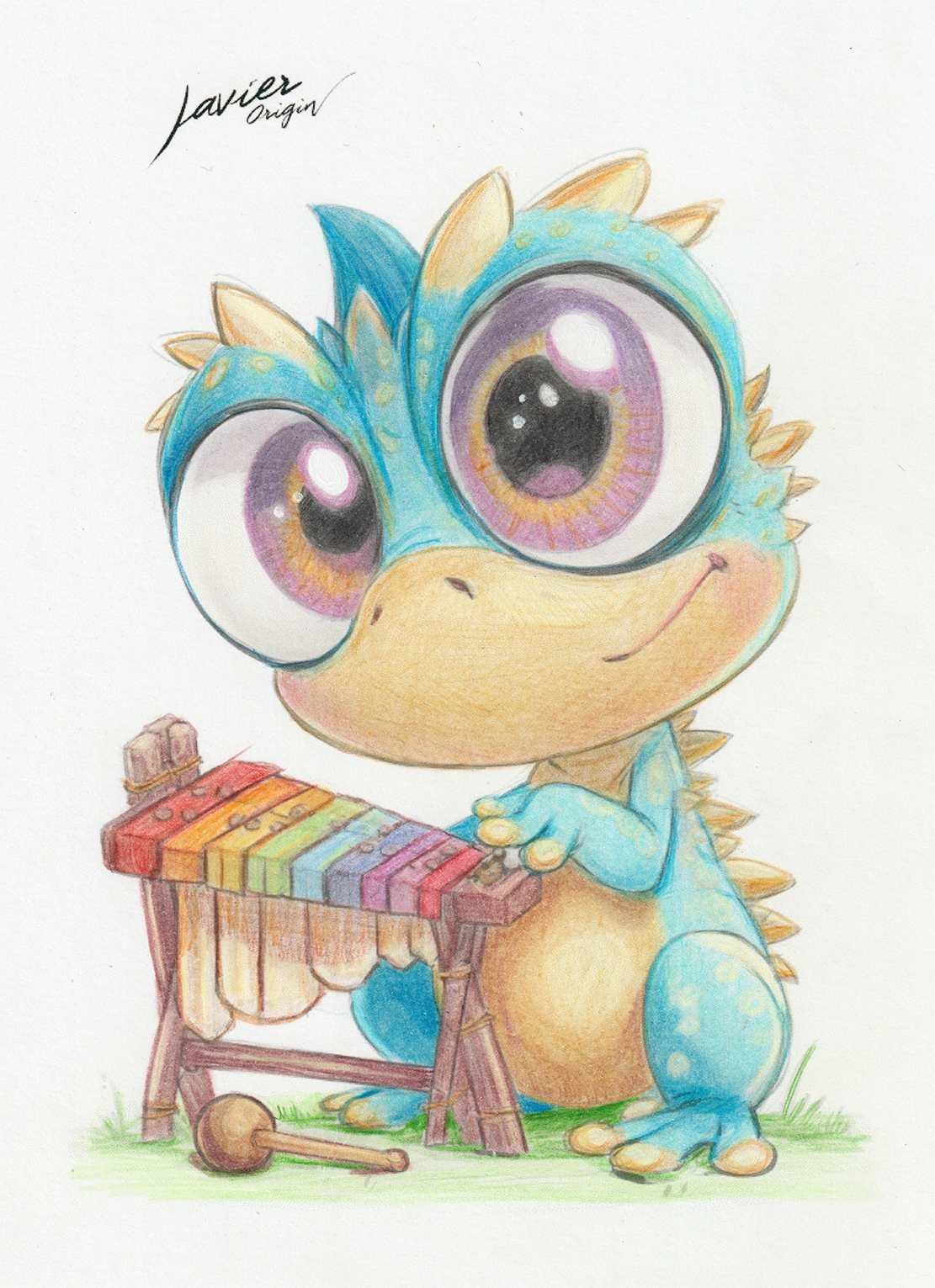 Turquoise dragon with purple eyes and a rainbow xylophone, colored by soirolaba_scrap
