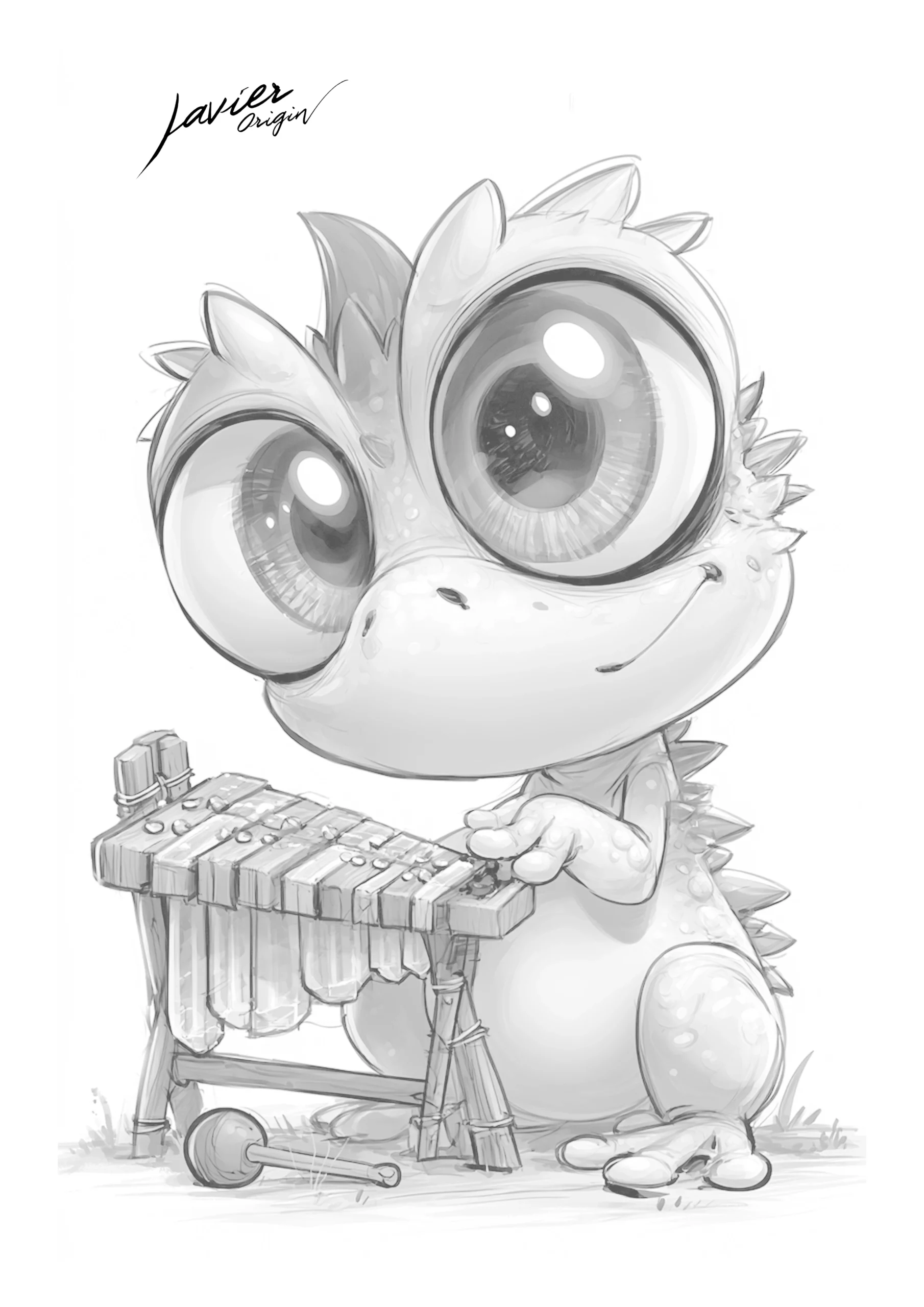 Big-eyed kawaii dragon beside a xylophone, in black and white for coloring