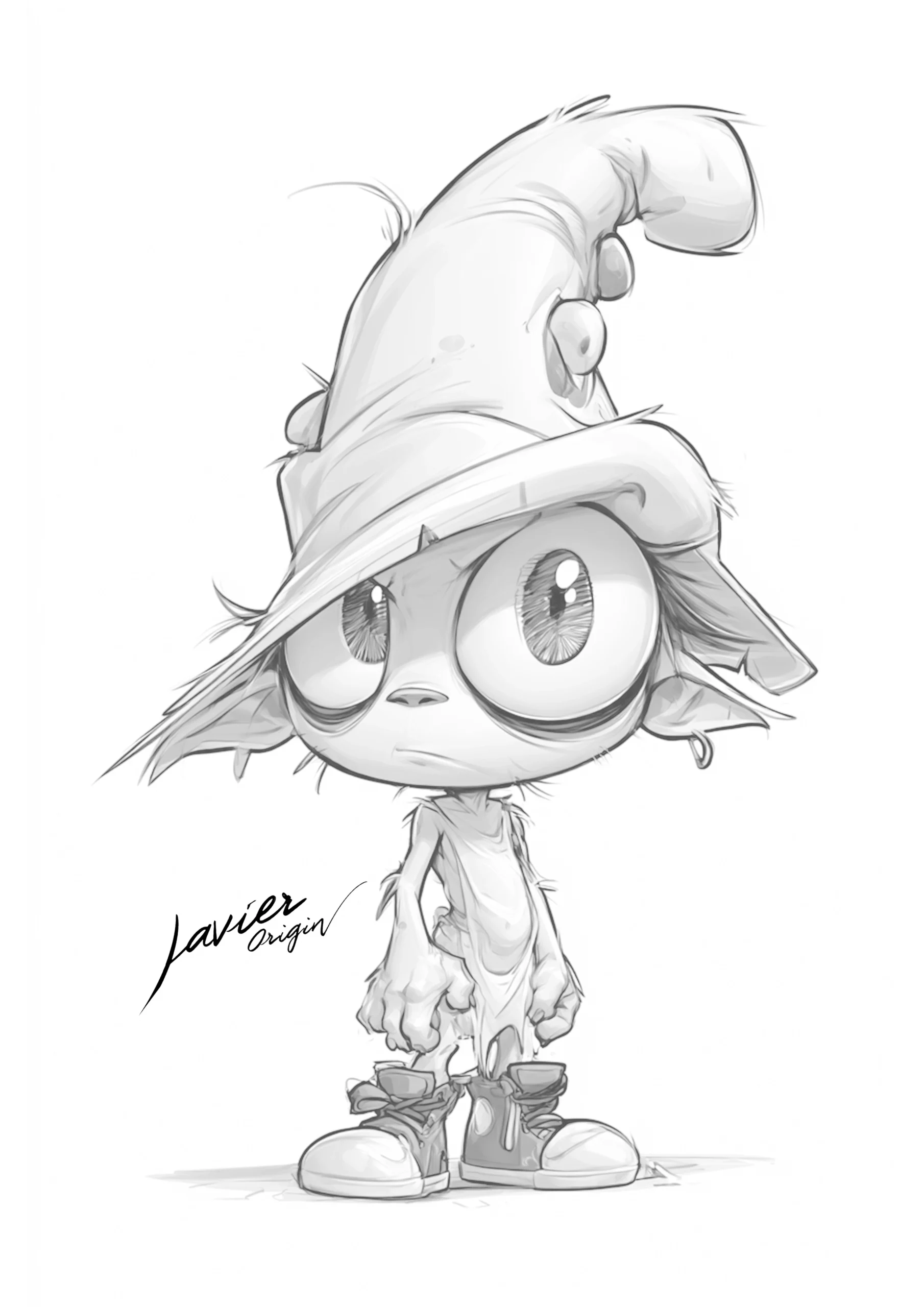 Kawaii goblin with a large folded hat, pointed ears and boots coloring page