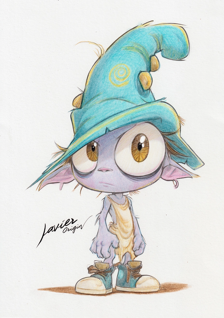 Lilac-skinned goblin with golden eyes and a turquoise hat, colored with pencils by soirolaba_scrap