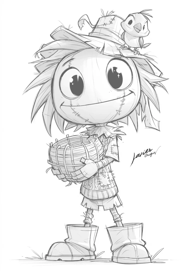 Espantapájaros kawaii con pajarito para colorear