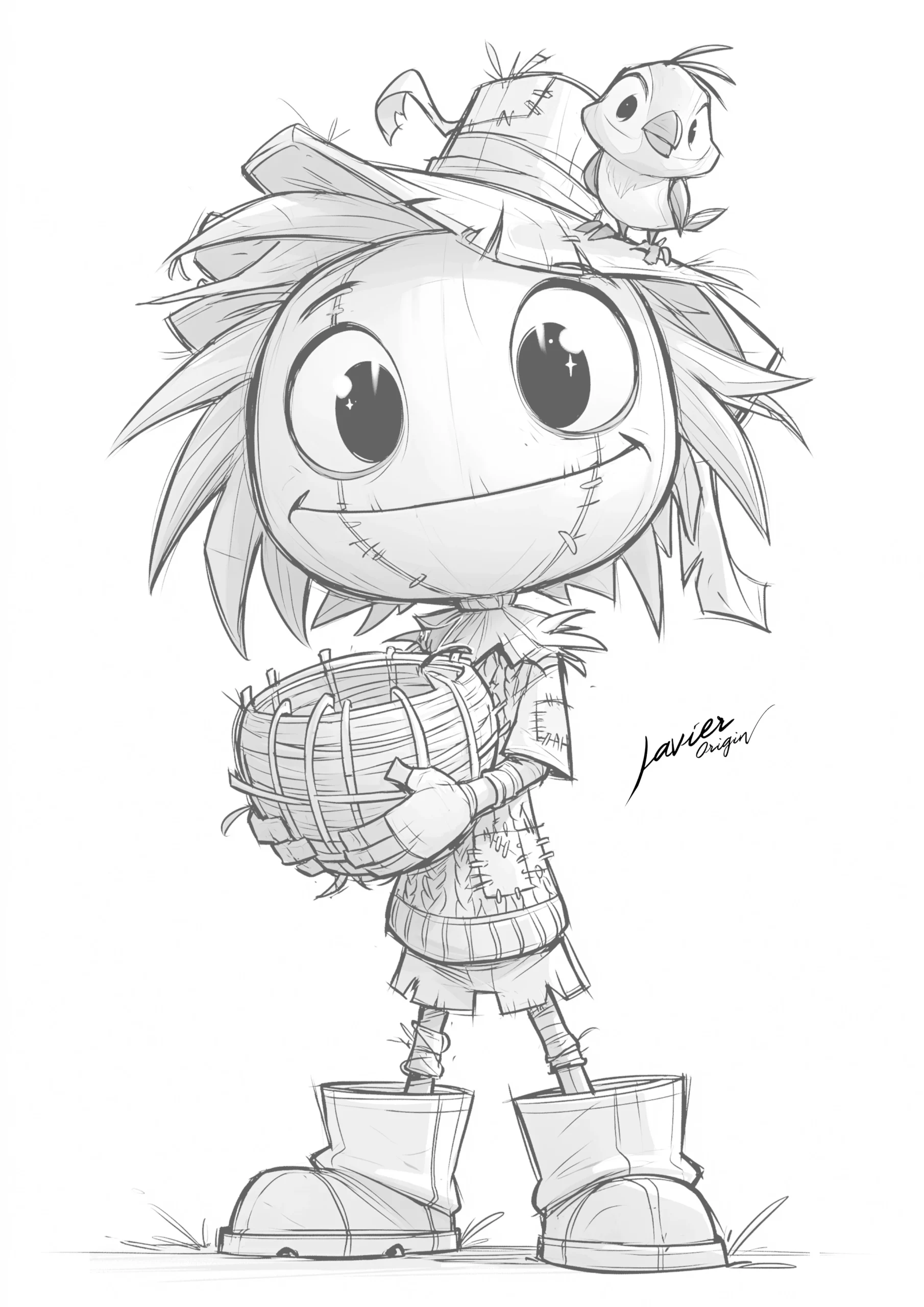 Espantapájaros kawaii con pajarito para colorear